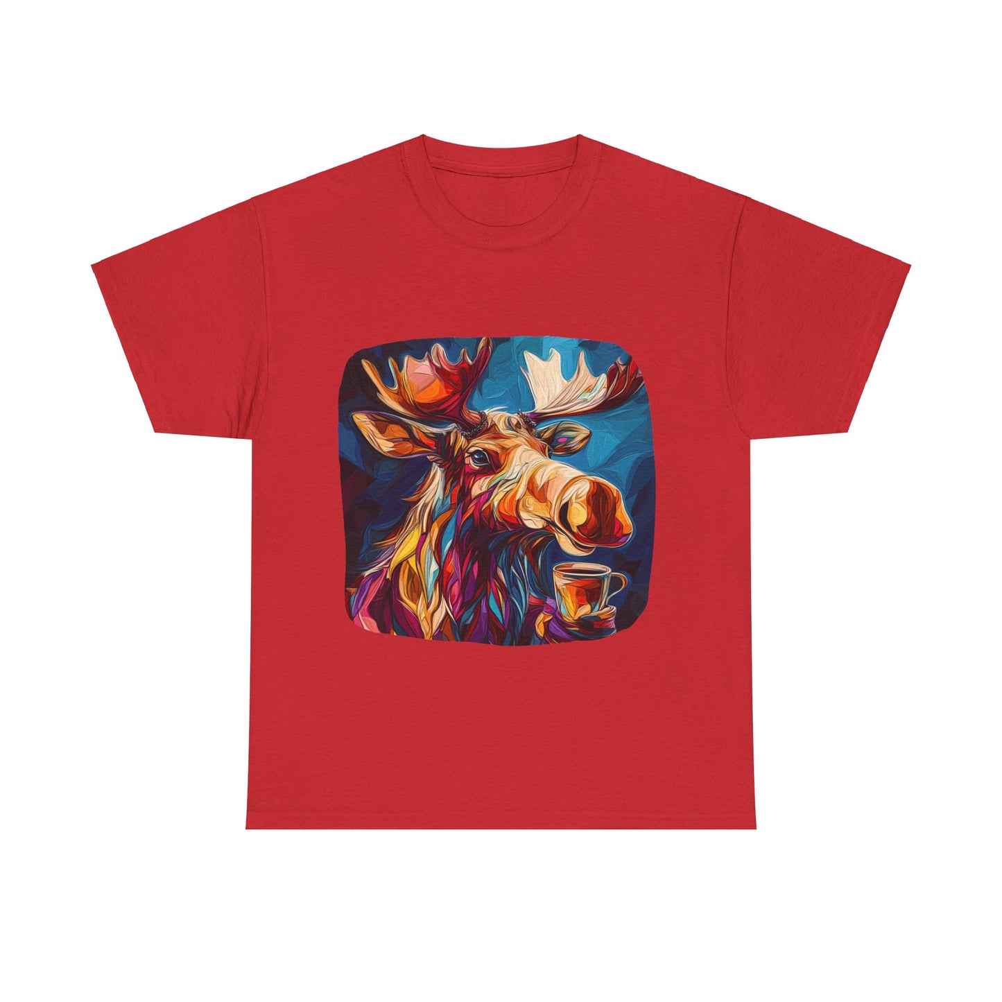 Moose and Coffee, Boho Painterly Coffee Moose - Moose Lover Unisex Heavy Cotton Tee T-Shirt