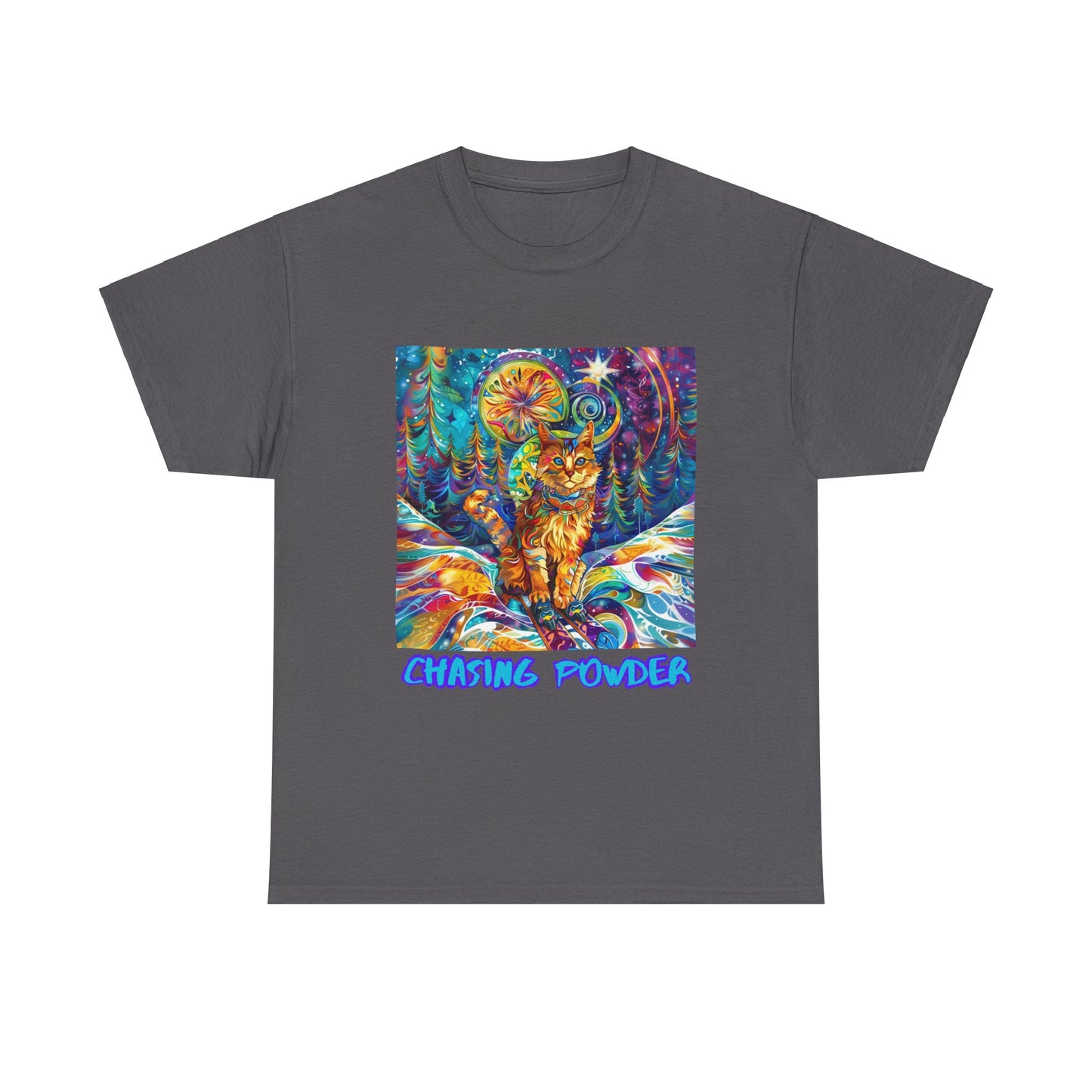 Chasing Powder - Snow, Snowboard Winter Sports Cat (V3) Cat Art Graphic Tee, Ski Gift - Cool Cats Unisex Heavy Cotton Tee T-Shirt