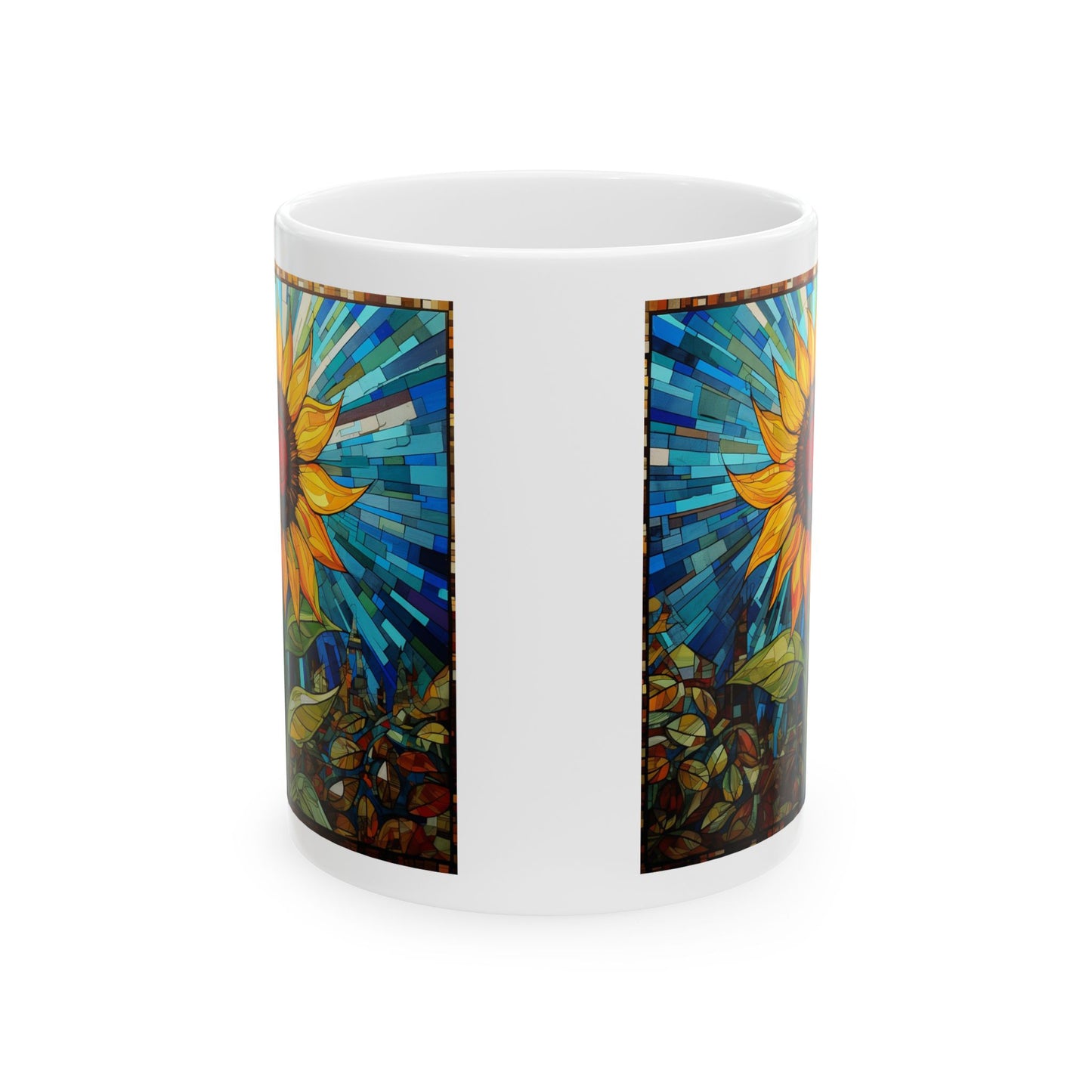 Sunflower Gift Mug, Printed Art, Sunflower - Faux Stained Glass Style, Ceramic Mug 11oz Colorful, Bright and Cheery