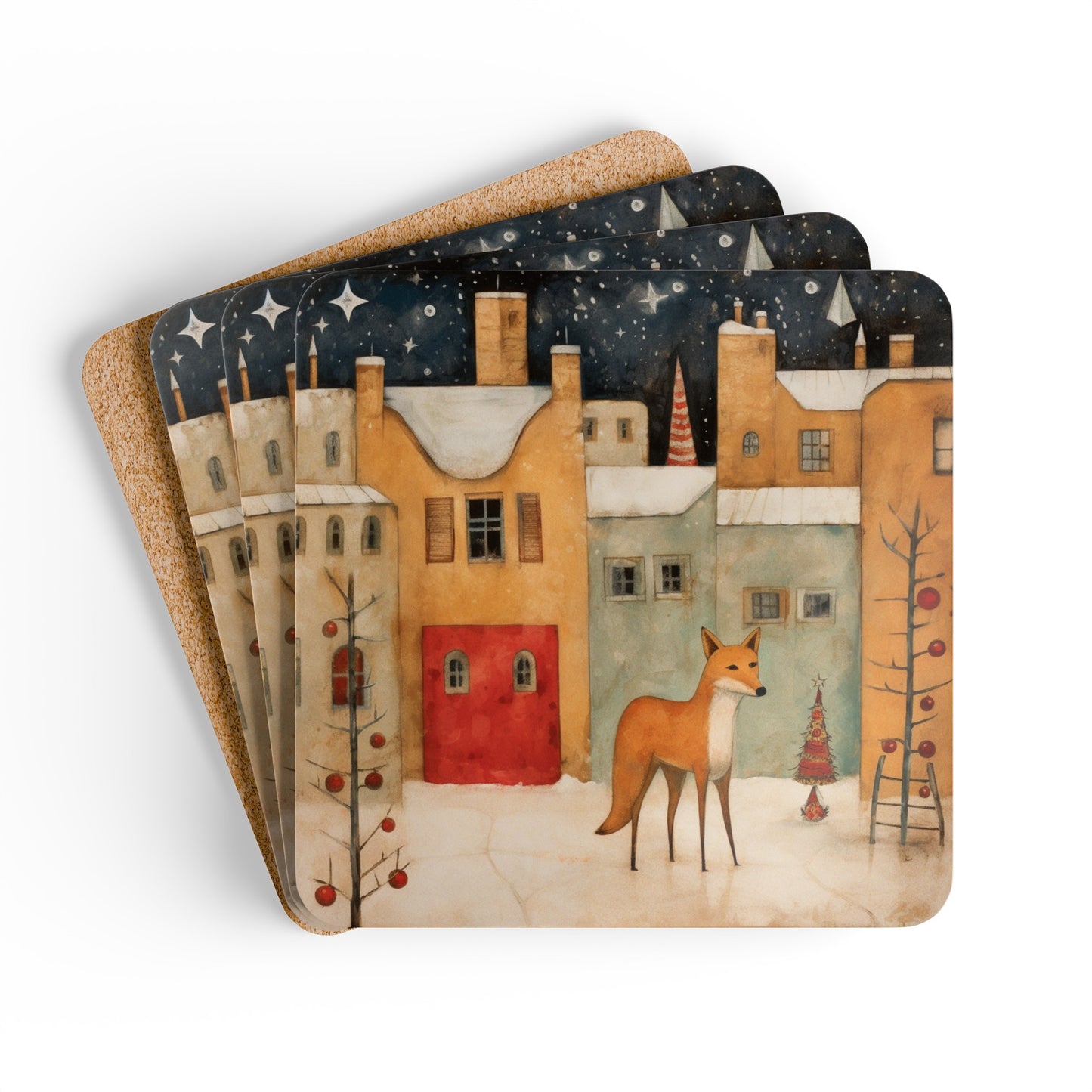 New Mexico, Adobe, Santa Fe, Coyote Winter Folk Art Gift, Corkwood Coaster Set High Desert Coyote in Adobe Houses, Christmas