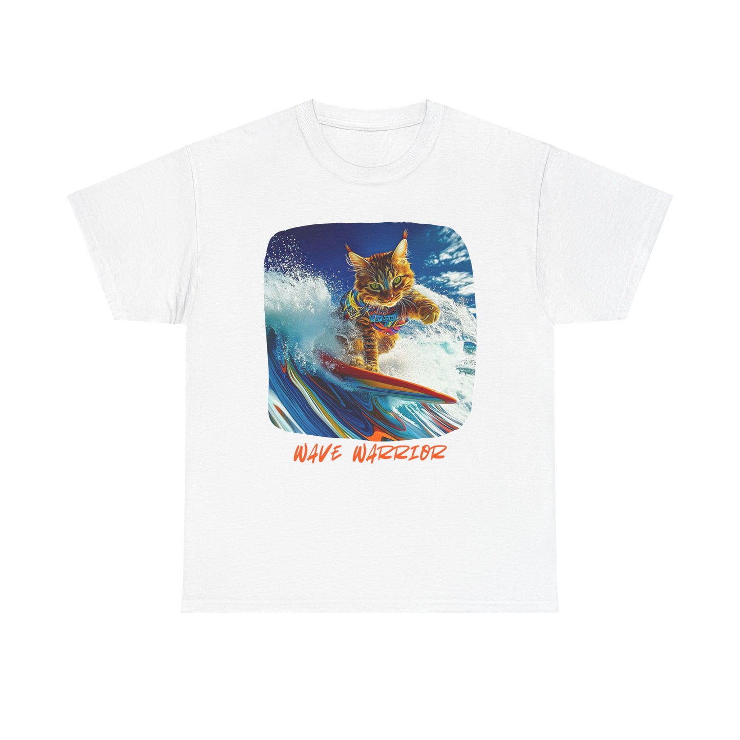 Wave Warrior Surfer Surfing Cat, Cat on Surfboard Graphic Tee reads "Wave Warrior" Surf Life Cat ,Art Gift - Cool Cats Unisex Heavy Cotton Tee T-Shirt