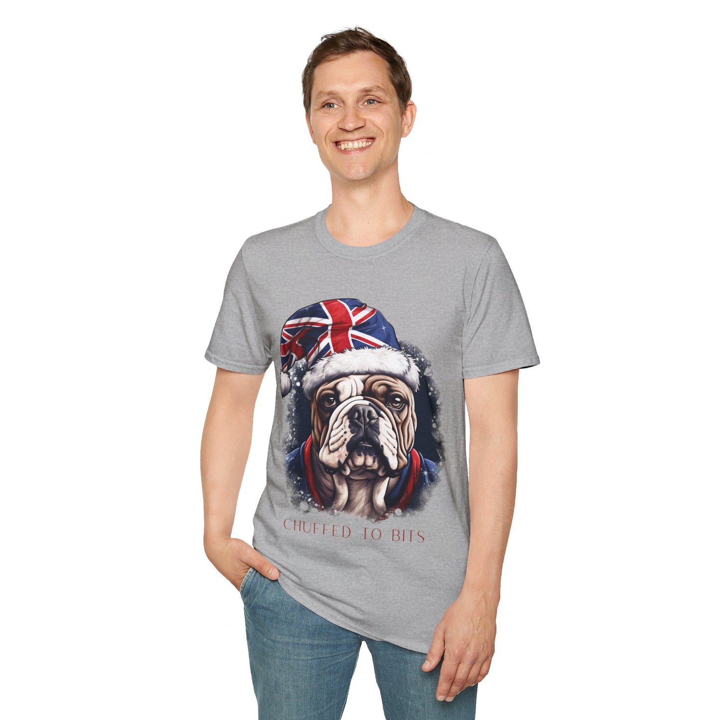 English Bulldog, Chuffed To Bits T-Shirt, British Union Jack, Mens Womans Unisex Shirt Softstyle T-Shirt Teeshirt Anglophile