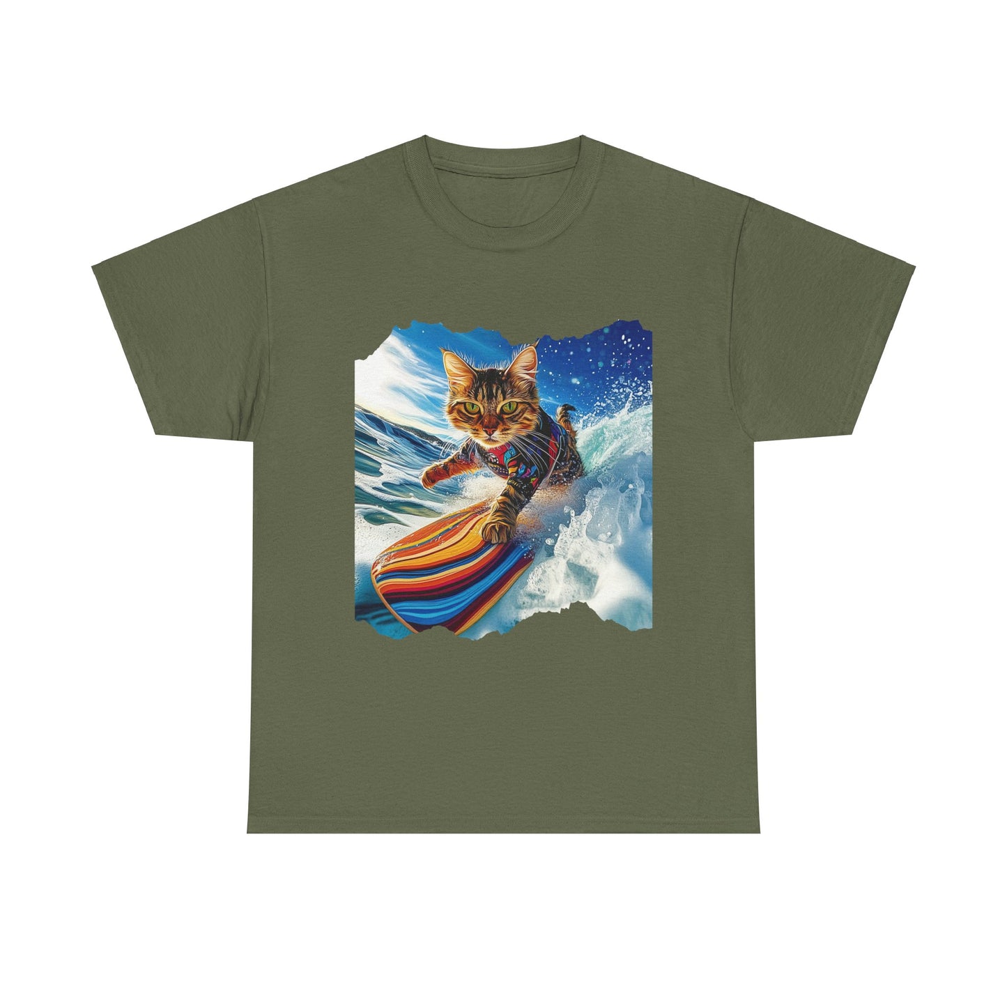 Surfer Surf Cat, Cat on Surfboard Graphic Tee- Water Sports Cat (V1) Cat Art Gift - Cool Cats Unisex Heavy Cotton Tee T-Shirt