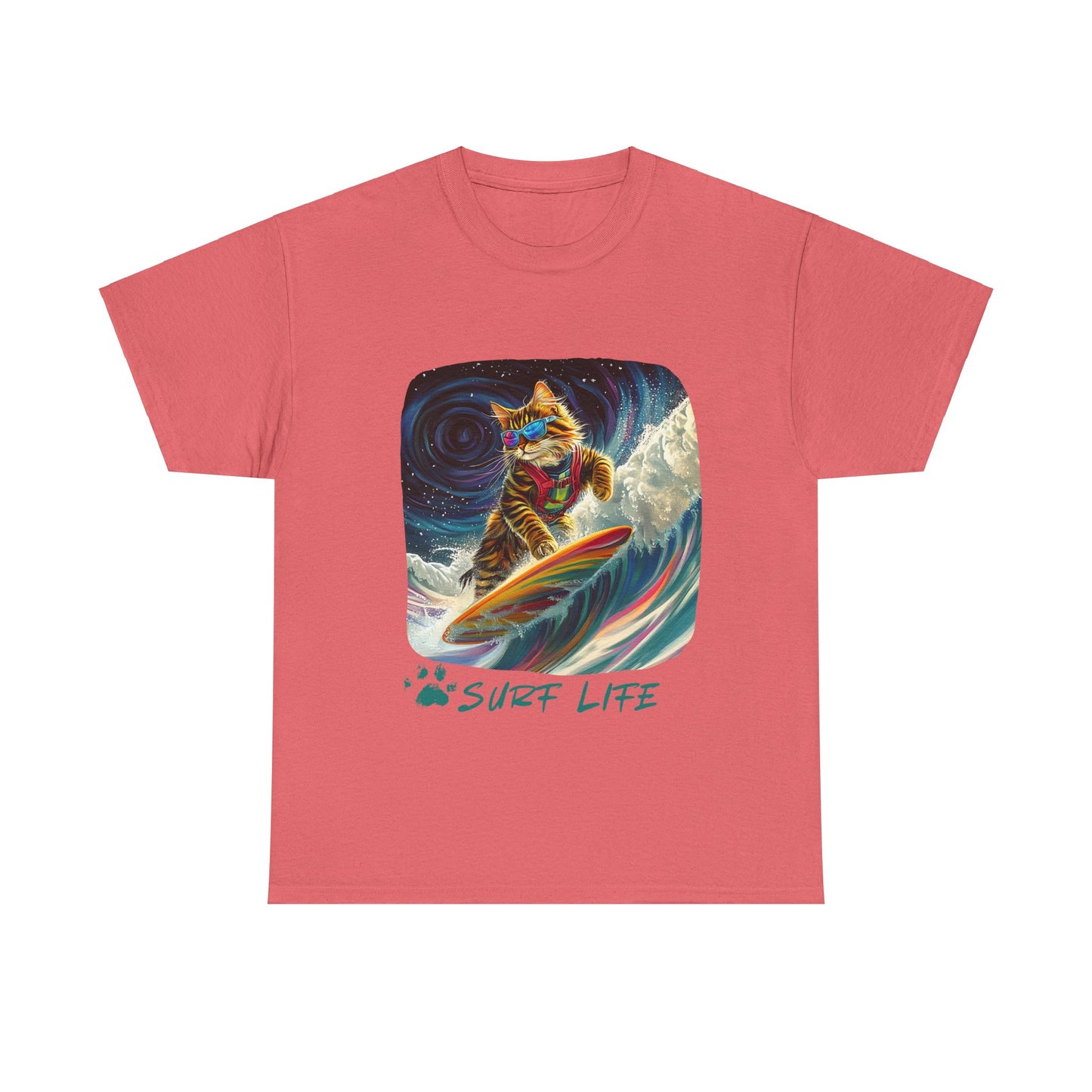 Surf LIfe - Surfer Surfing Cat Graphic Tee, Cat on Surfboard - Shirt reads "Surf Life" Cats Art Gift - Cool Cats Unisex Heavy Cotton Tee T-Shirt