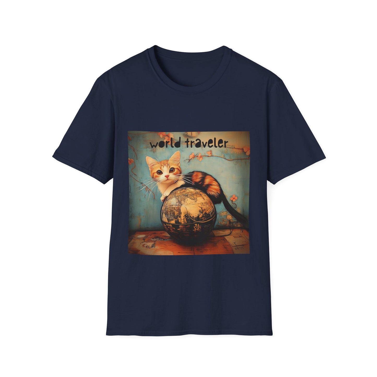 World Traveler Cute Cat Shirt, Cat Lover's Gift Graphic Tee Shirt, Text Reads "World Traveler" Unisex Softstyle T-Shirt Tee Teeshirt Retro