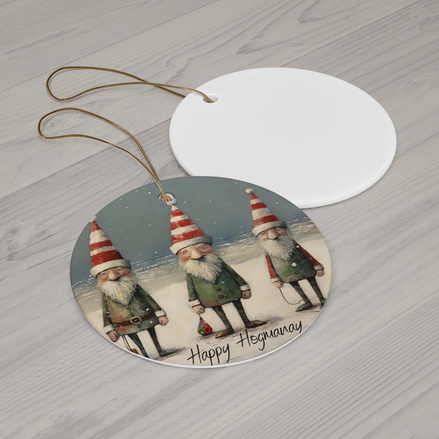 Hogmanay Scottish Seaside Gnomes, Happy Hogmanay Christmas Tree Keepsake Ornament Ceramic