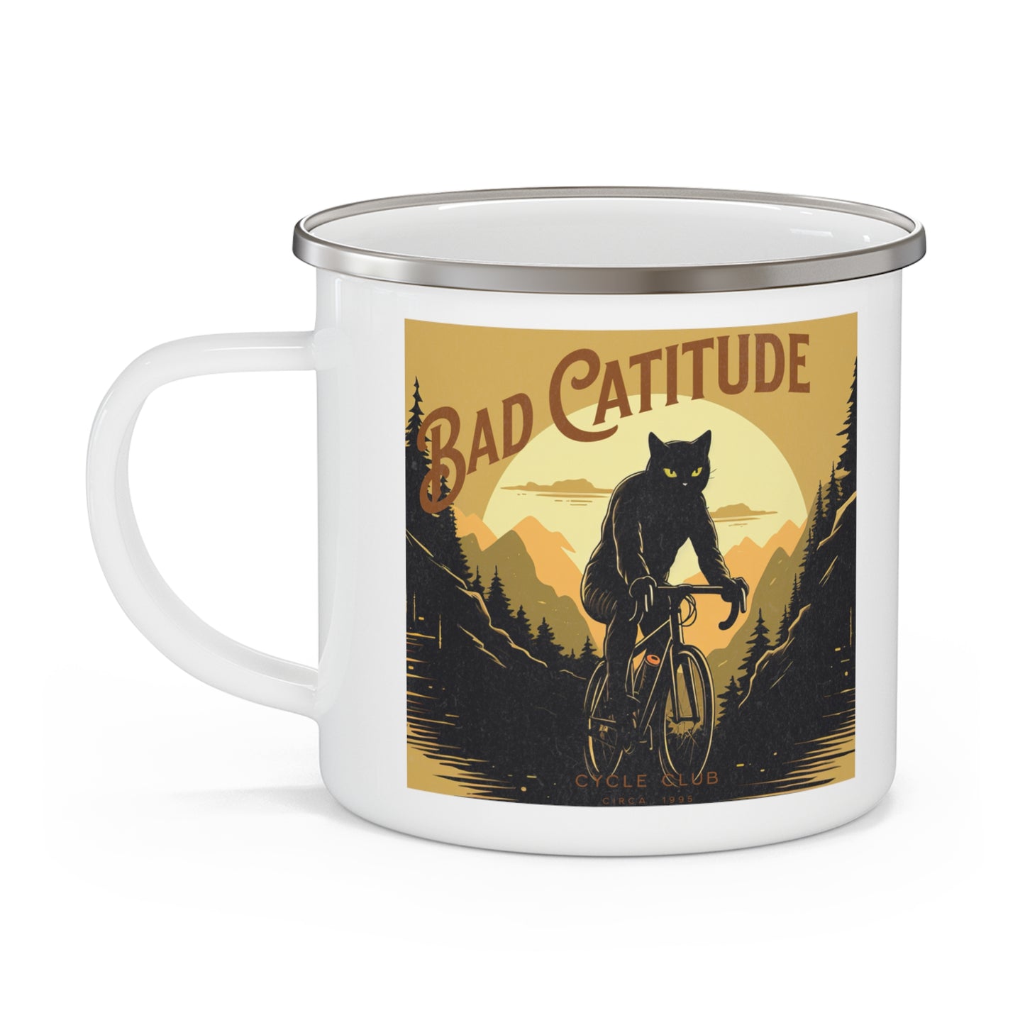 Bad Catitude Cycling Club, Cat Lover's Cat on Bicycle, Cycling Gift, Enamel Camping Mug