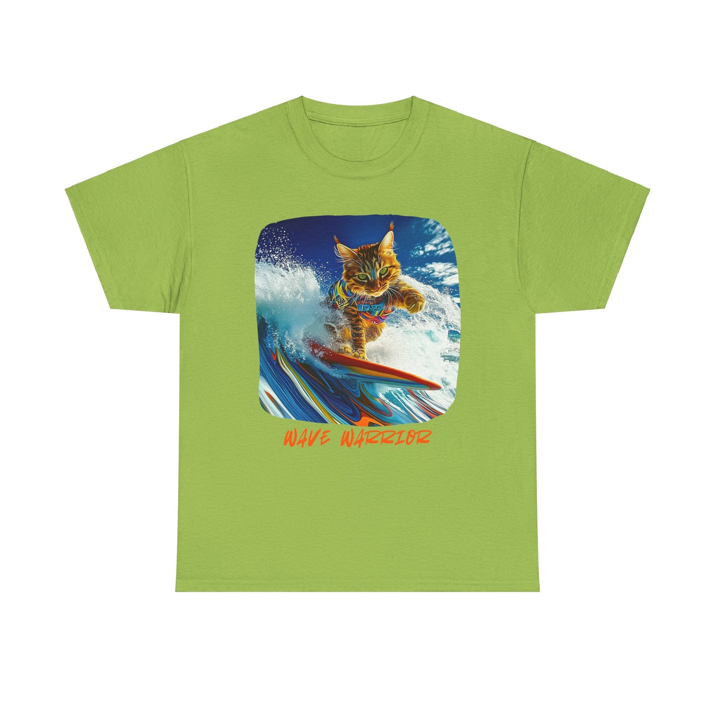 Wave Warrior Surfer Surfing Cat, Cat on Surfboard Graphic Tee reads "Wave Warrior" Surf Life Cat ,Art Gift - Cool Cats Unisex Heavy Cotton Tee T-Shirt