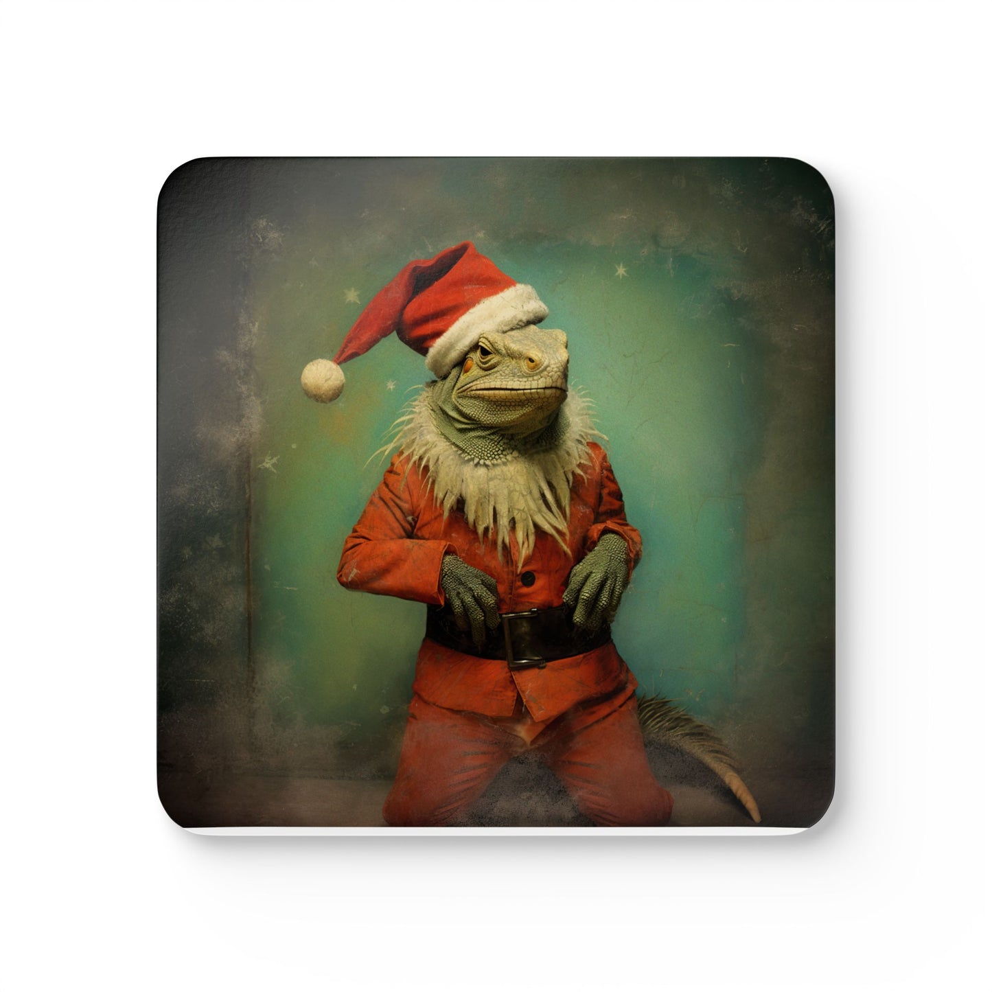 Lizard, Reptile, Iguana in Santa Suit, Texas, Souther Arizona Christmas Holiday Gift Corkwood Coaster Set, Bearded Dragon