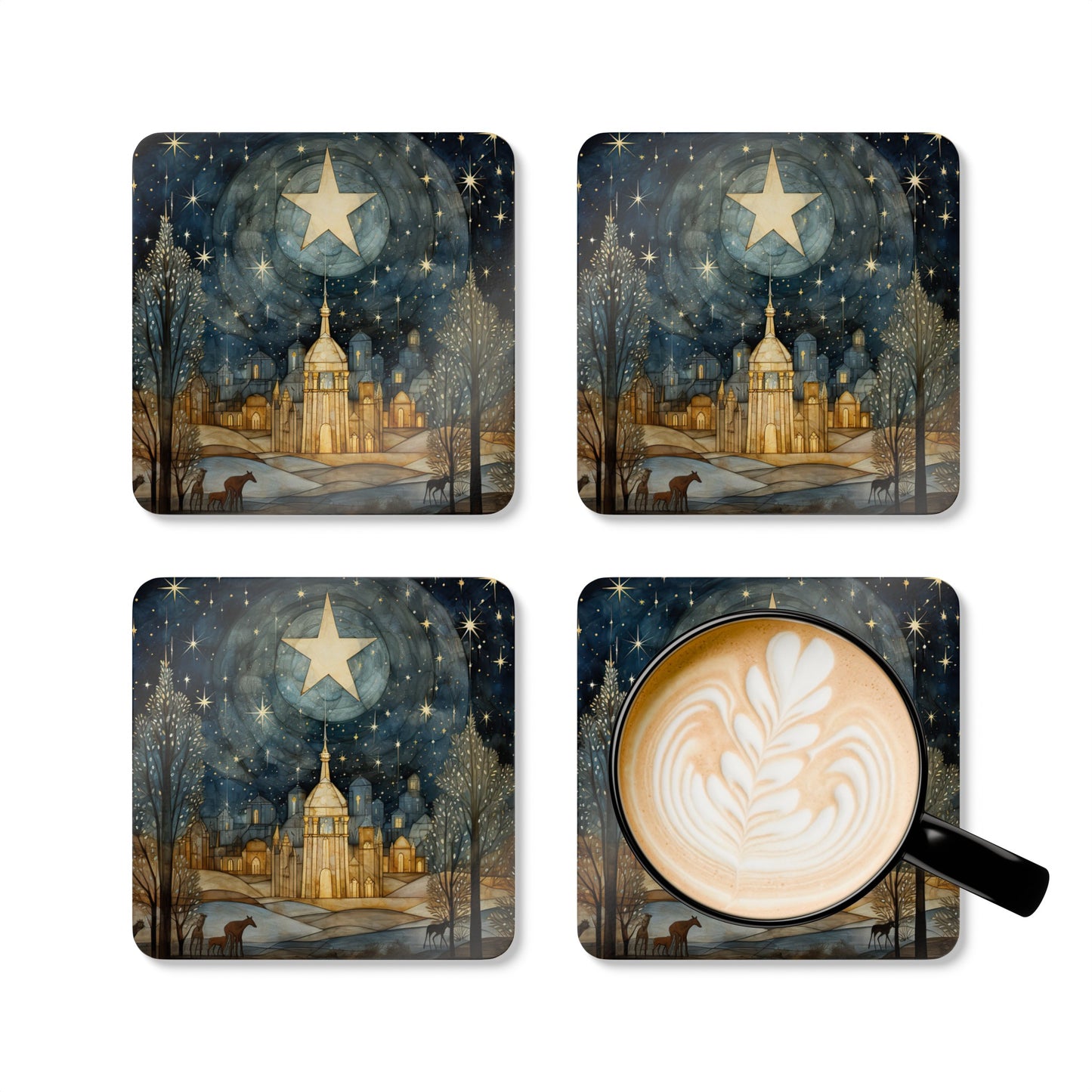 Winter Star, Starry Night Sky Folk Art Gift, Corkwood Coaster Set - Christmas Gift