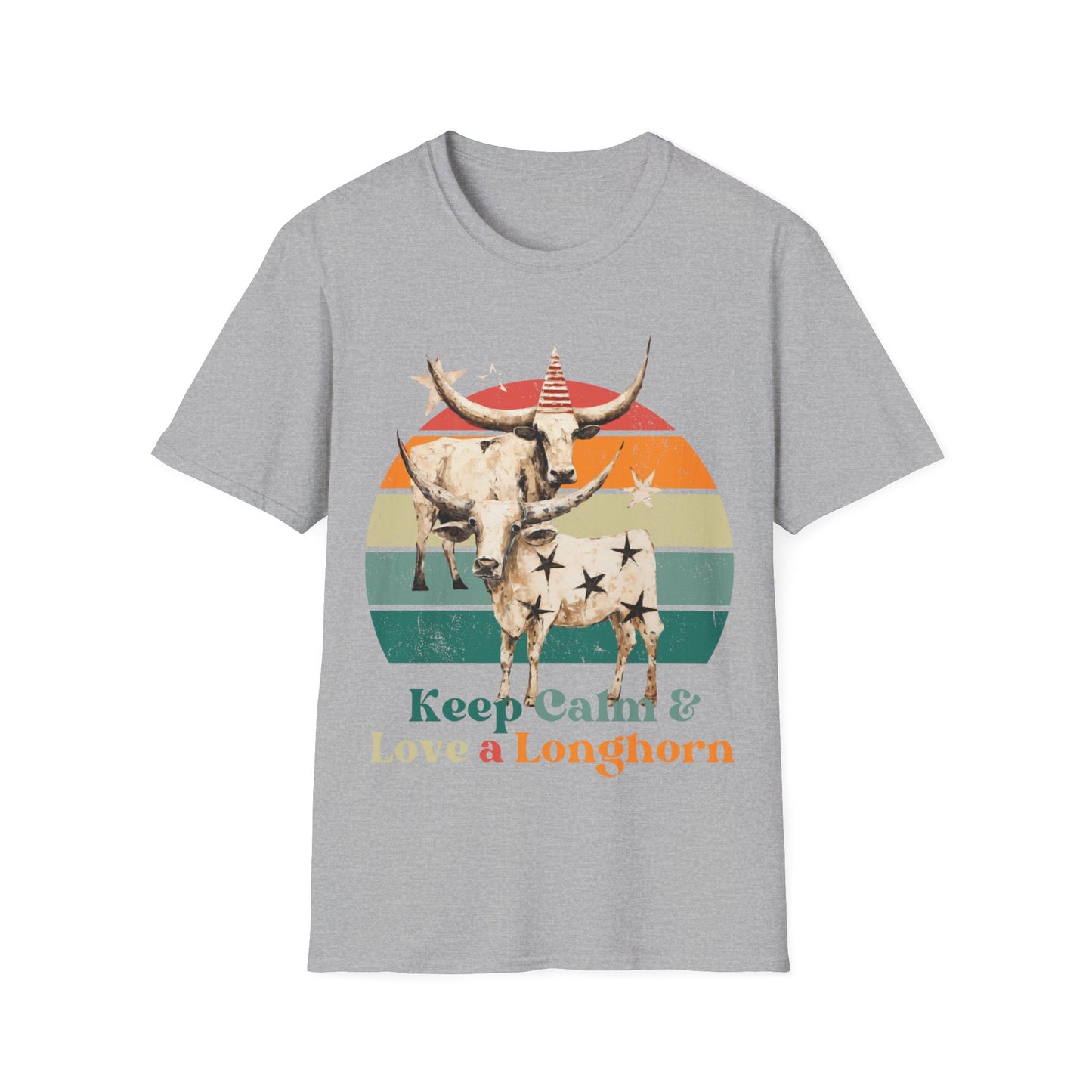 Retro Longhorn Texas Style "Keel Calm & Love a Longhorn" Cattle, Rodeo, Texas Star, Graphic T-Shirt, Texas Softstyle Unisex Tee Shirt - 60s 70s Vibe- Keep Calm Shirt