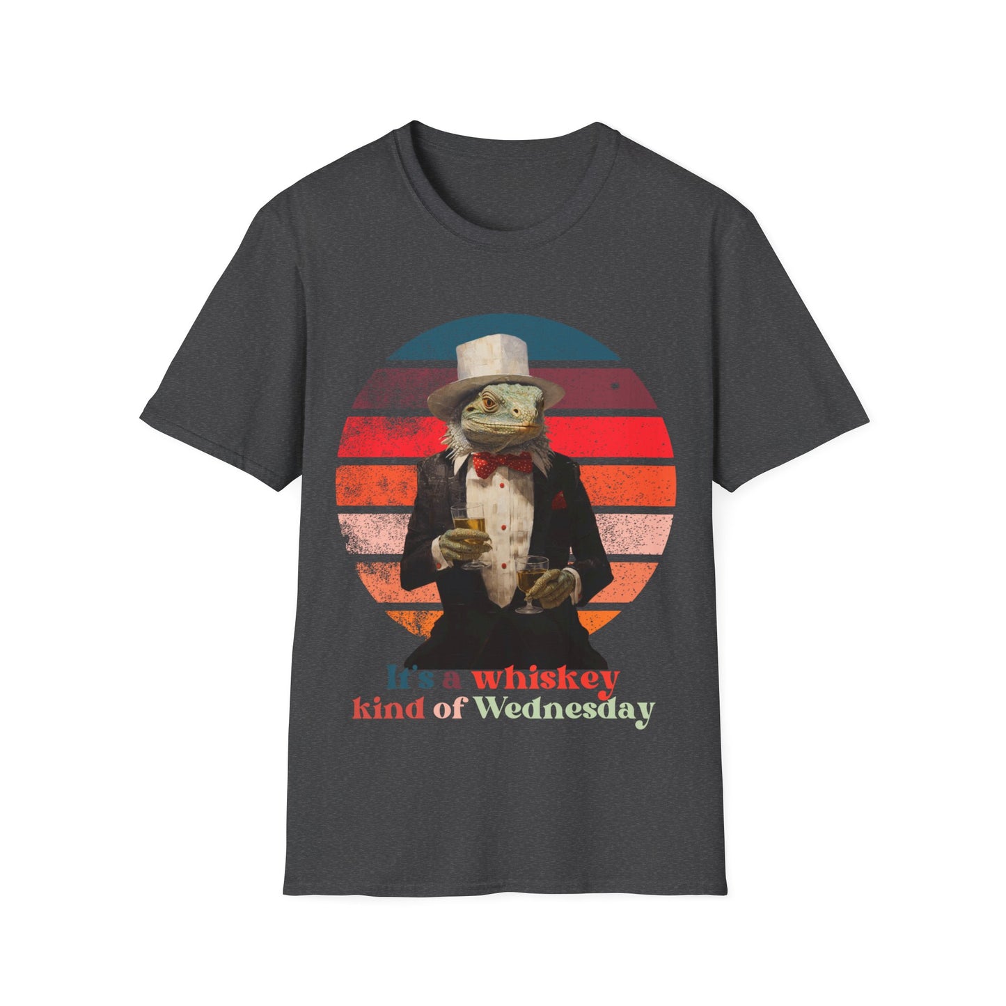 Retro Drinking Whiskey Iguana, "It's a Whiskey Kind of Wednesday" Cocktail, Happy Hour Drinking Gift Unisex Graphic Tee Shirt, T-Shirt Softstyle T-Shirt Tee Tee - New Years