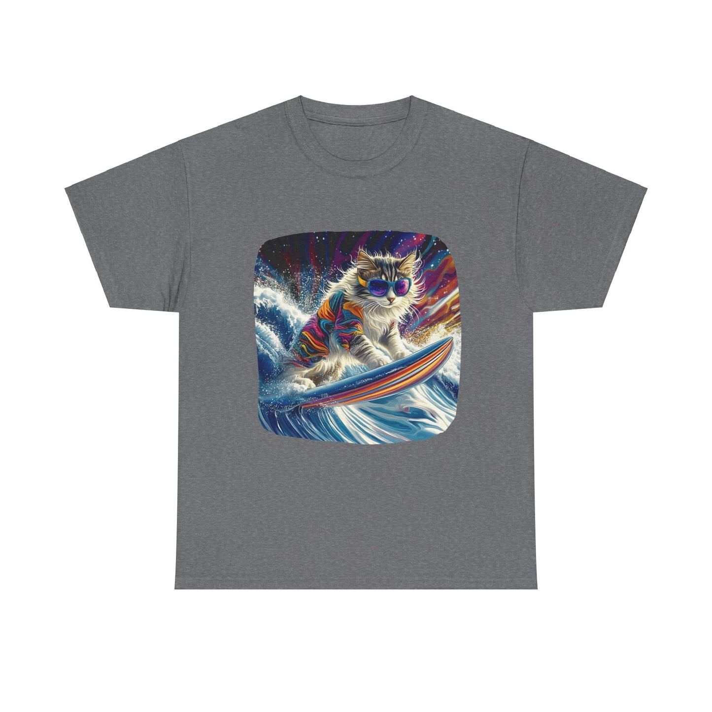 Rip Girl Surfing Surfer Cat, Cat on Surfboard Graphic Tee- Water Sports Cat (V1) Cat Art Gift - Cool Cats Unisex Heavy Cotton Tee T-Shirt