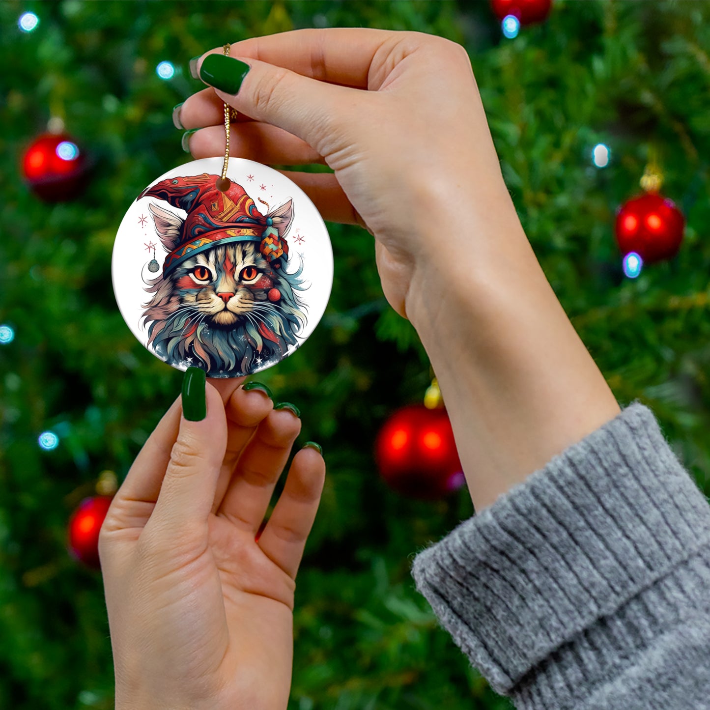 Wizard Elf Santa Cat, Cat in Santa Elf Hat, Cat Lovers, Cat Mom, Cat Dad, Cats Christmas Tree Gift, Christmas Ornament, Ceramic Cat Lovers
