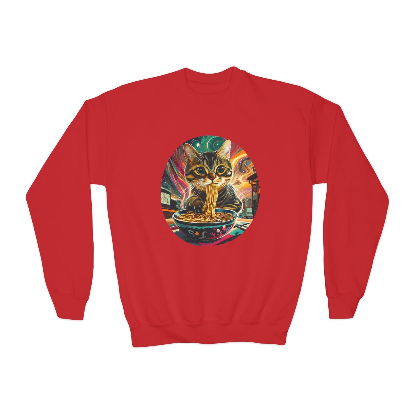 Slurping Noodle Ramen Bowl Cats for Kids Sweatshirt - Slurping Noodle Kitty Cat Youth Crewneck Sweatshirt -Christmas Cat Gift