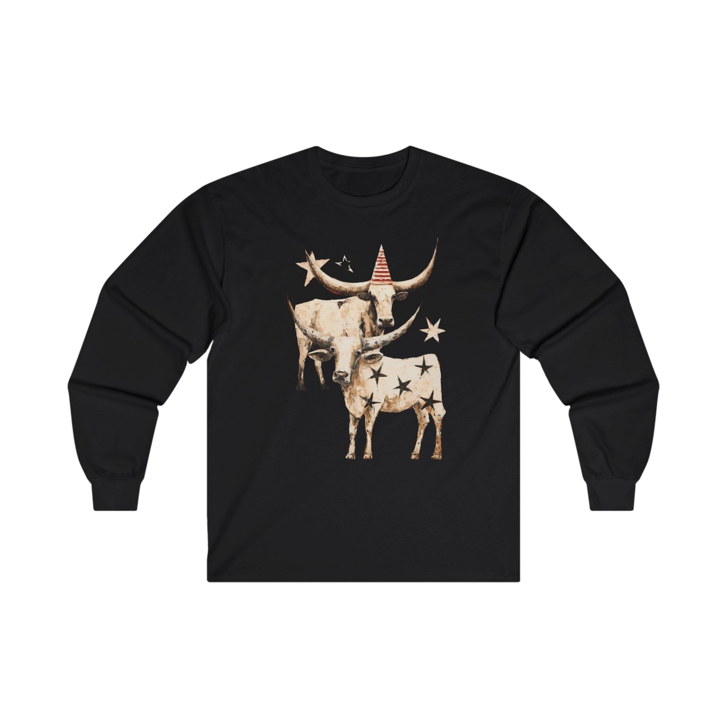 Texas Longhorn Cattle Graphic Tee, Oklahoma Cattle Country, Rodeo Gift, Cow Stars Long Sleeve T-shirt Ultra Cotton Long Sleeve Tee T-Shirt