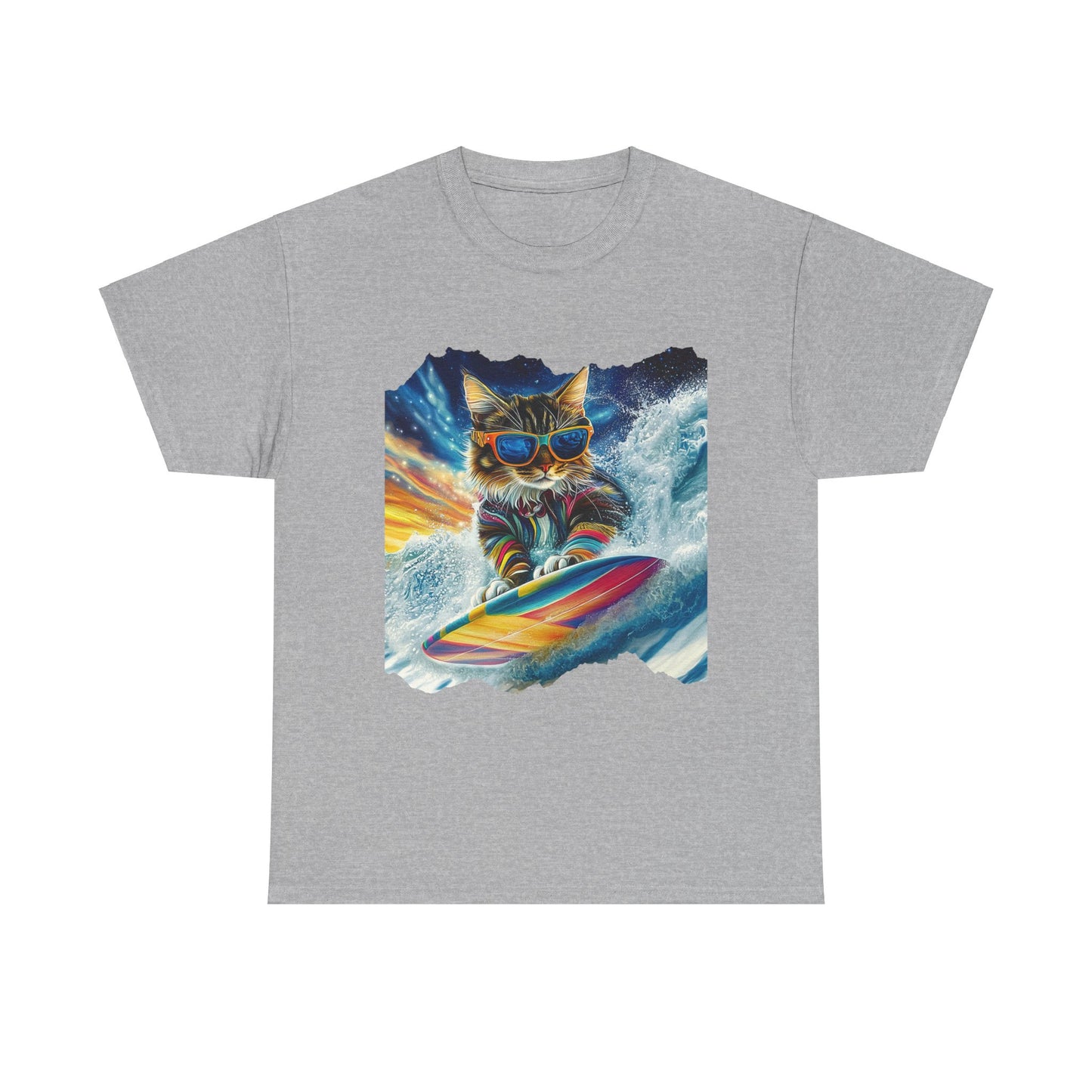 Surfer Surfing Cat, (Ver 2) Cat on Surfboard Graphic Tee- Water Sports Cat (V1) Cat Art Gift - Cool Cats Unisex Heavy Cotton Tee T-Shirt