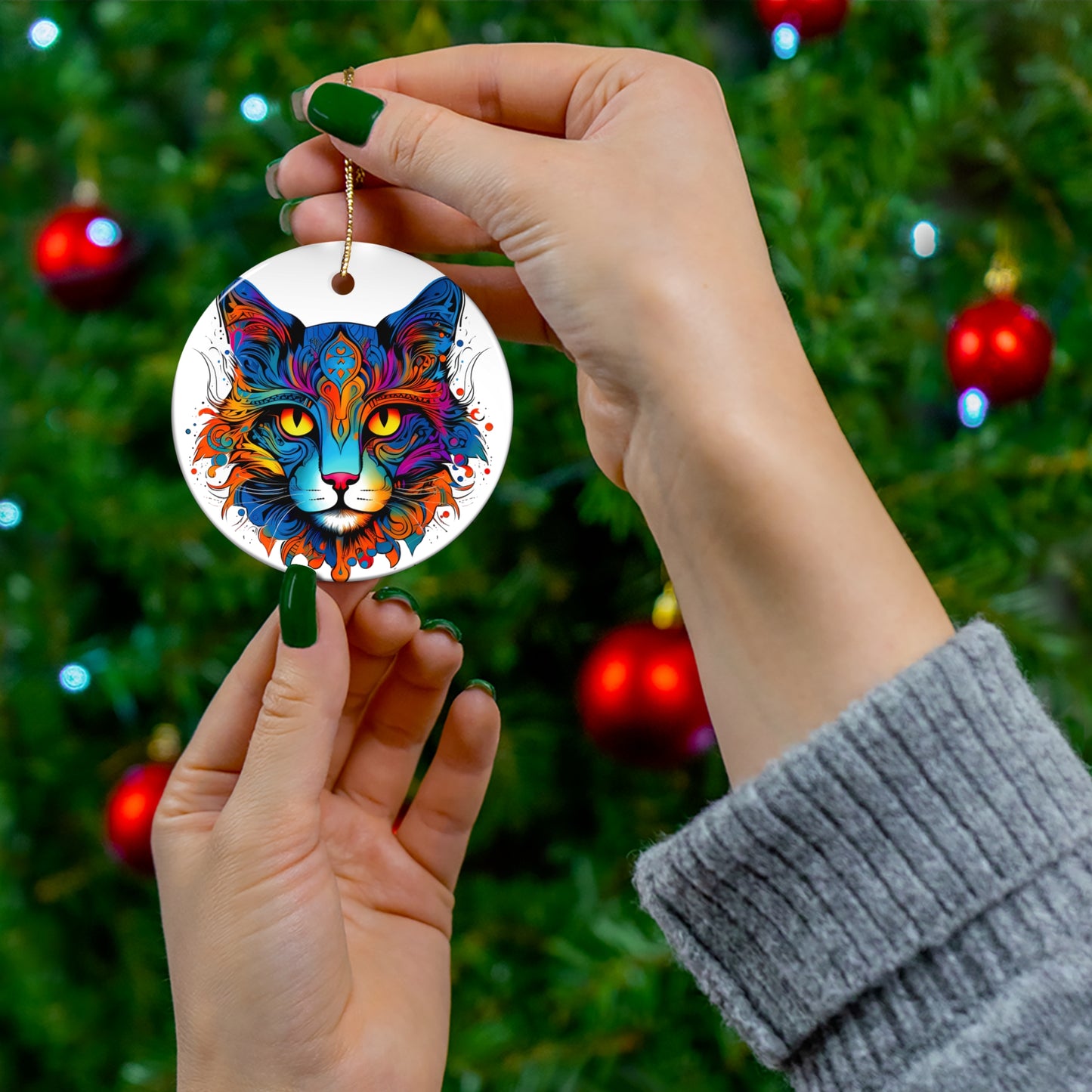 Exotic Rainbow Color Cat,Cat Lovers, Cat Mom, Cat Dad, Cats Christmas Tree Gift, Christmas Ornament, Ceramic Cat Lovers Gift