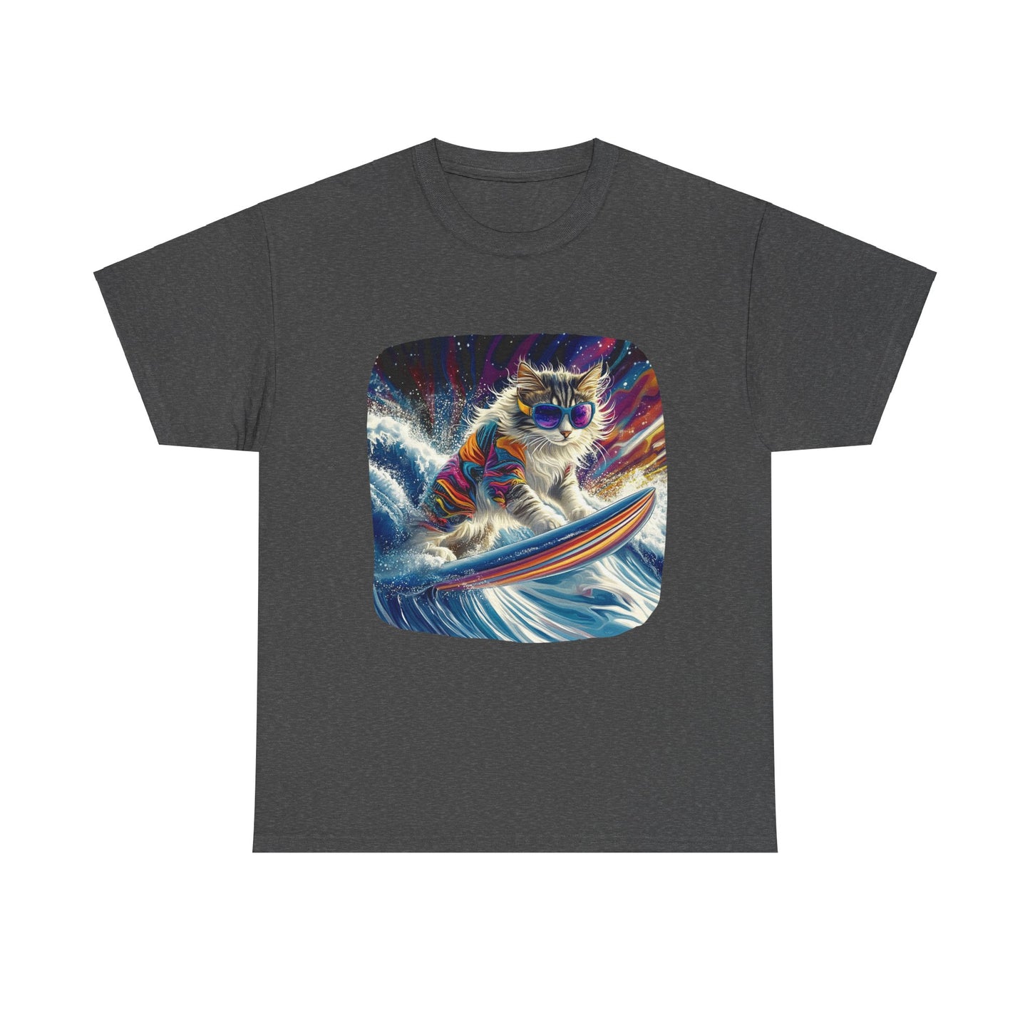 Rip Girl Surfing Surfer Cat, Cat on Surfboard Graphic Tee- Water Sports Cat (V1) Cat Art Gift - Cool Cats Unisex Heavy Cotton Tee T-Shirt