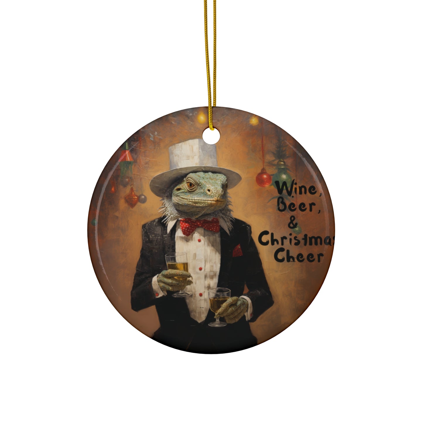 Drinking Lizard Christmas Cheer, Holiday New Years Drinking Gift, Happy Hour Cocktails Ornament, Iguana, Reptile Lover Gift Ceramic Art