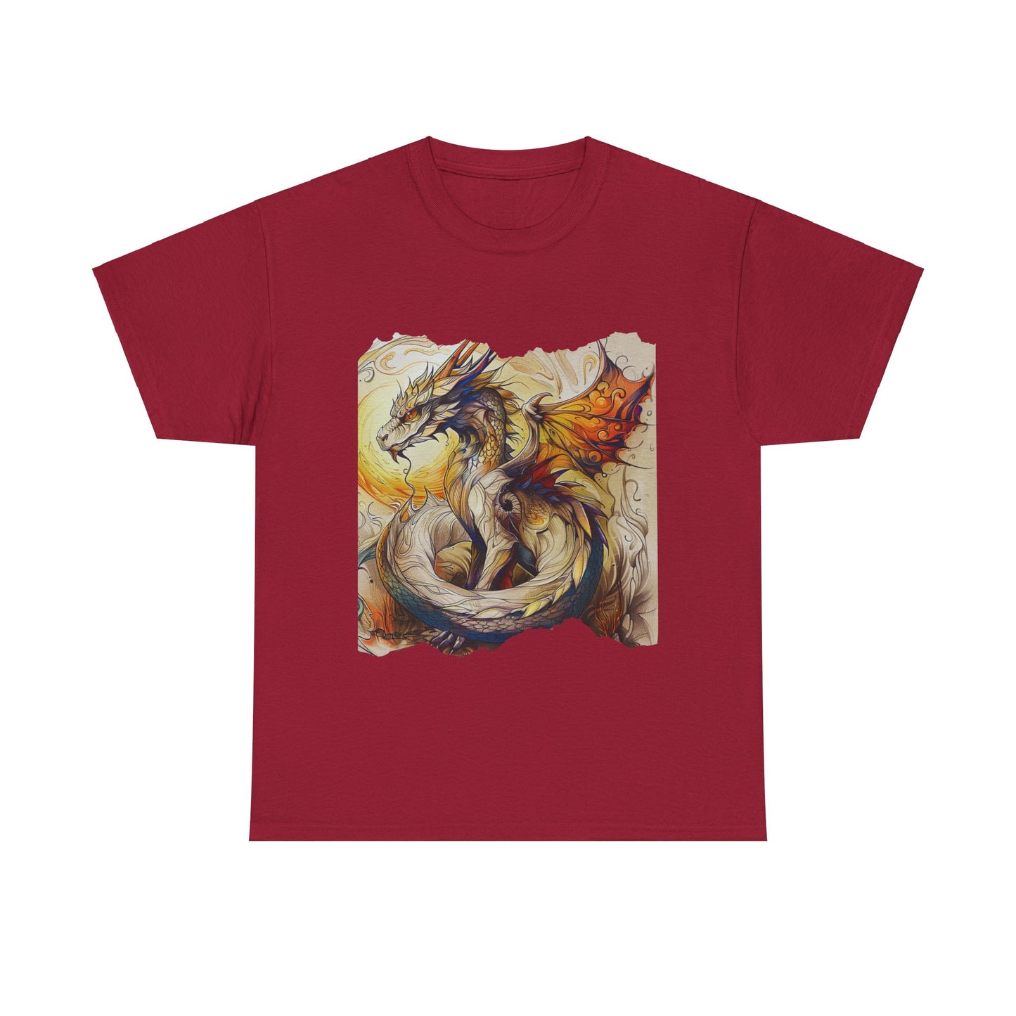 Dragons Yellow Sun Graphic Tee - Dragons and Ancestors - Dragon Lovers Unisex Heavy Cotton Tee T-Shirt
