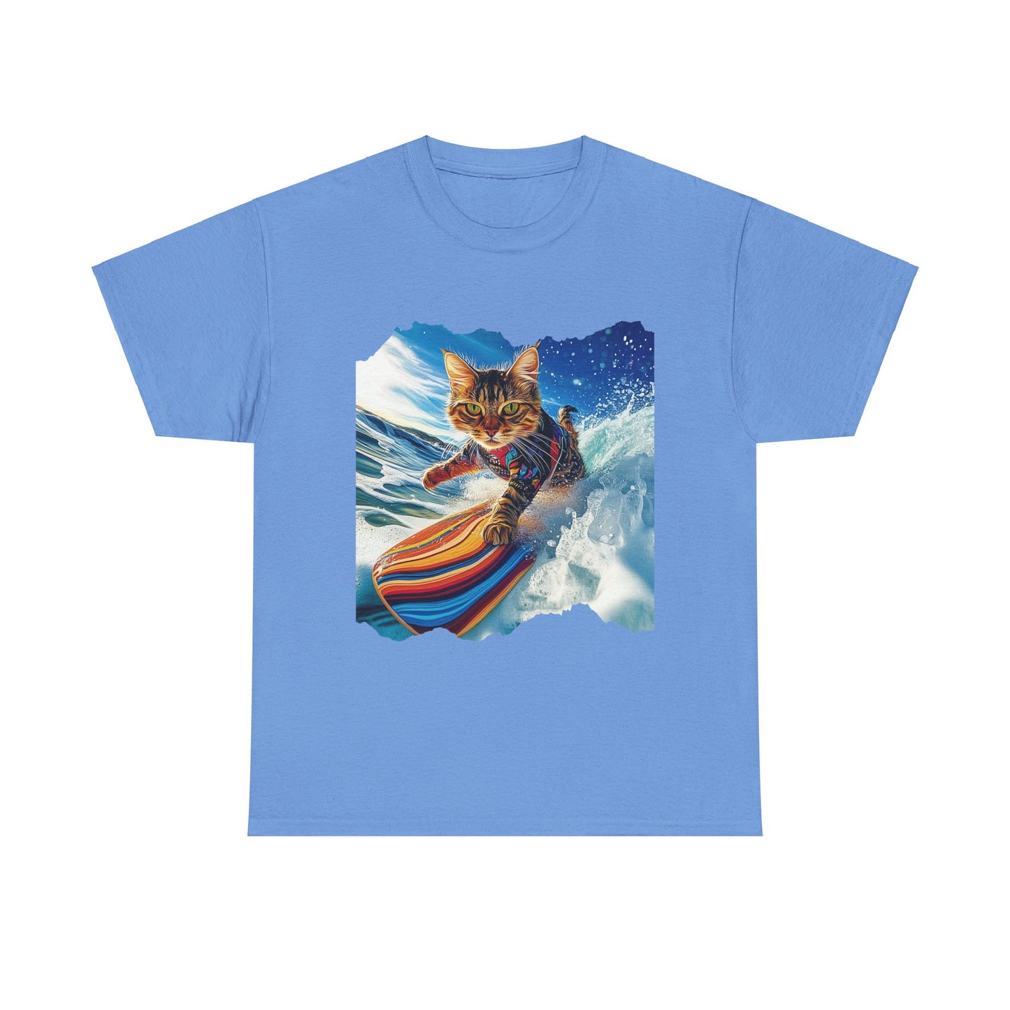 Surfer Surf Cat, Cat on Surfboard Graphic Tee- Water Sports Cat (V1) Cat Art Gift - Cool Cats Unisex Heavy Cotton Tee T-Shirt