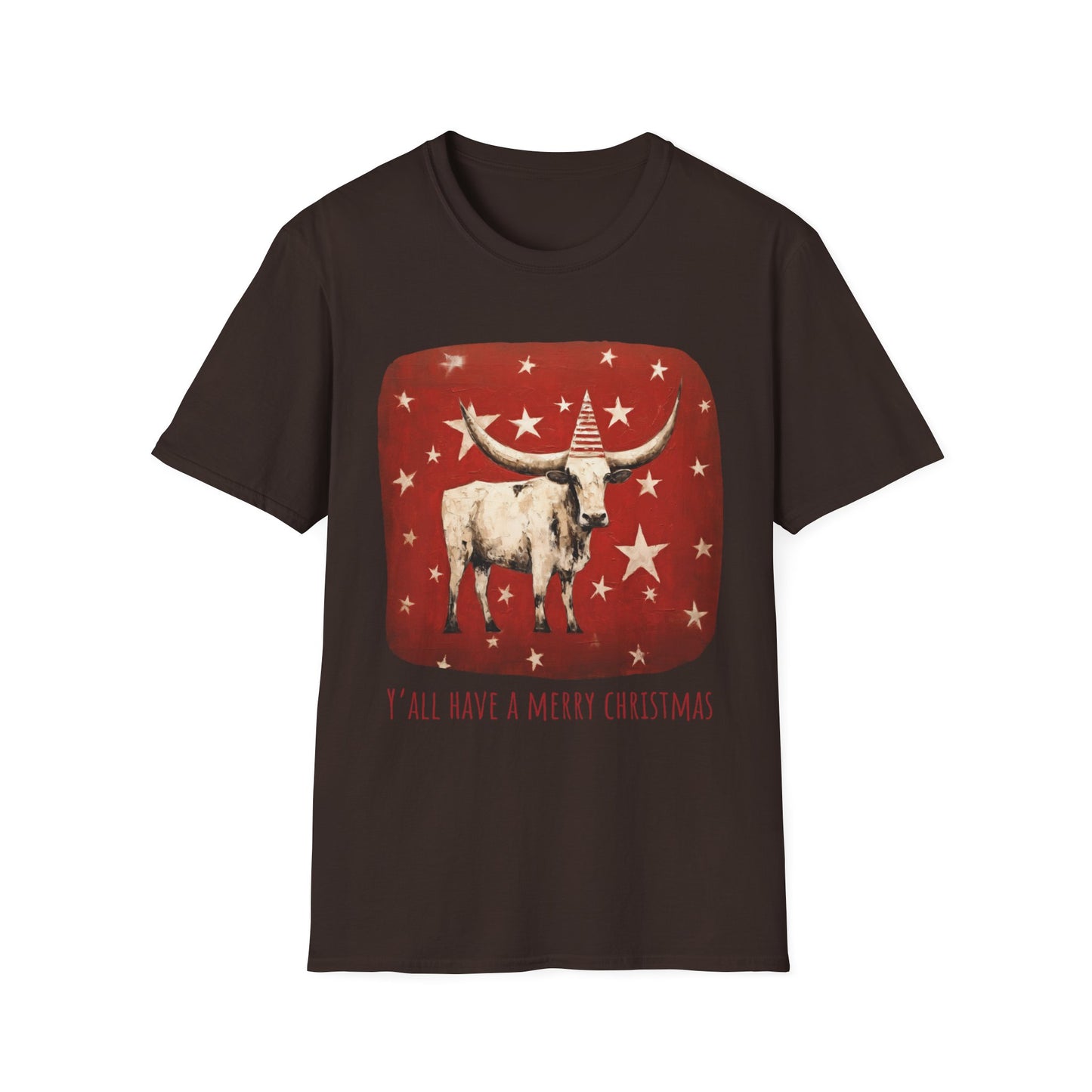 "Y'all Have a Merry Christmas" Southern Christmas Greeting, Longhorn Cattle Rodeo Shirt, Longhorn Cattle Texas Oklahoma Gift Unisex Tee Shirt, T-Shirt Graphic Tee T-Shirt