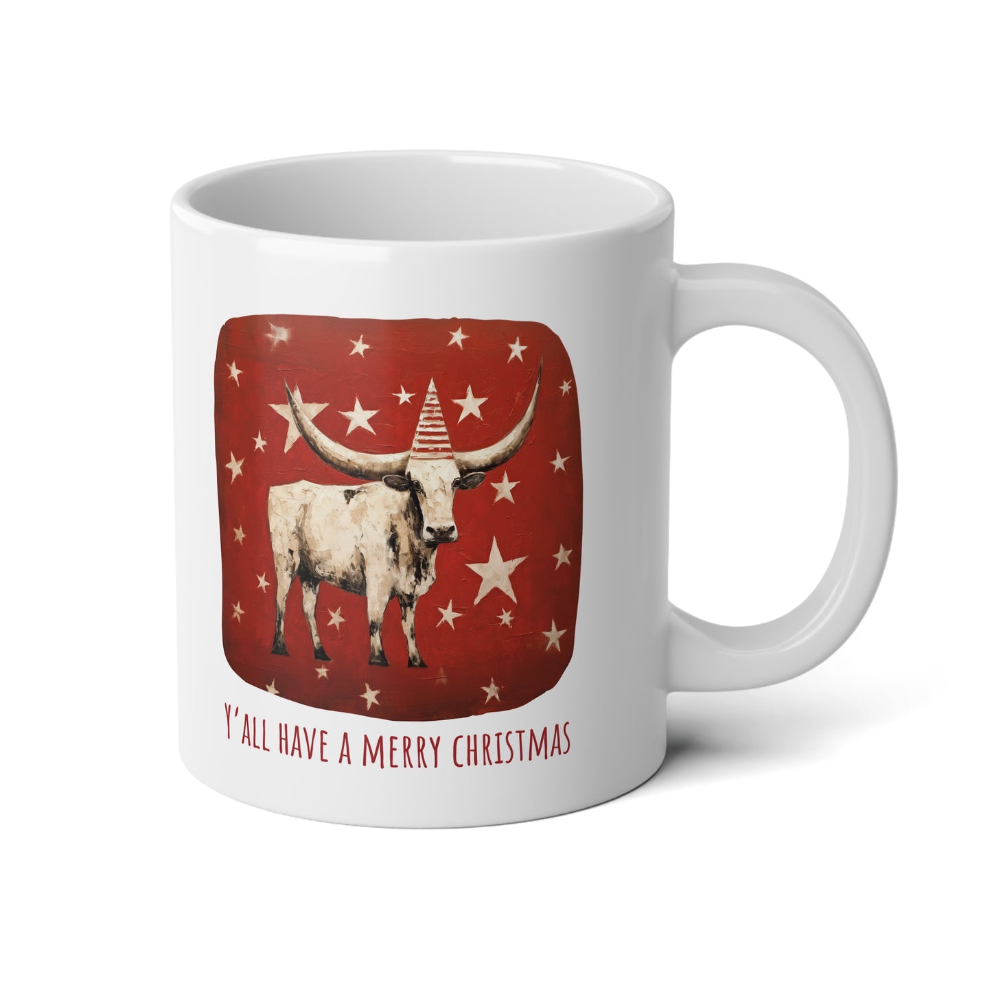 Y'all Have a Merry Christmas, Southern Greeting Longhorn Cattle Mug, Texas Christmas Gift, Mug, Jumbo 20 oz Mug XL Size Mug
