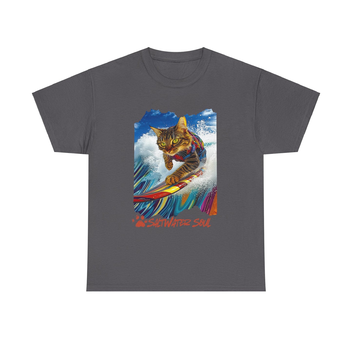 Saltwater Soul Surfer Cat, T-shirt, Cat on Surfboard Graphic Tee- Water Sports Cat Cat Art Gift - Cool Cats Unisex Heavy Cotton Tee T-Shirt