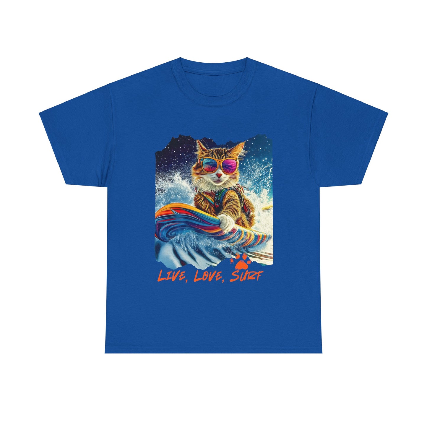 Live, Love Surf - Surfer Cat Graphic Tee, Cat on Surfboard reads "Live, Love Surf" Surf Life Cat ,Art Gift - Cool Cats Unisex Heavy Cotton Tee T-Shirt