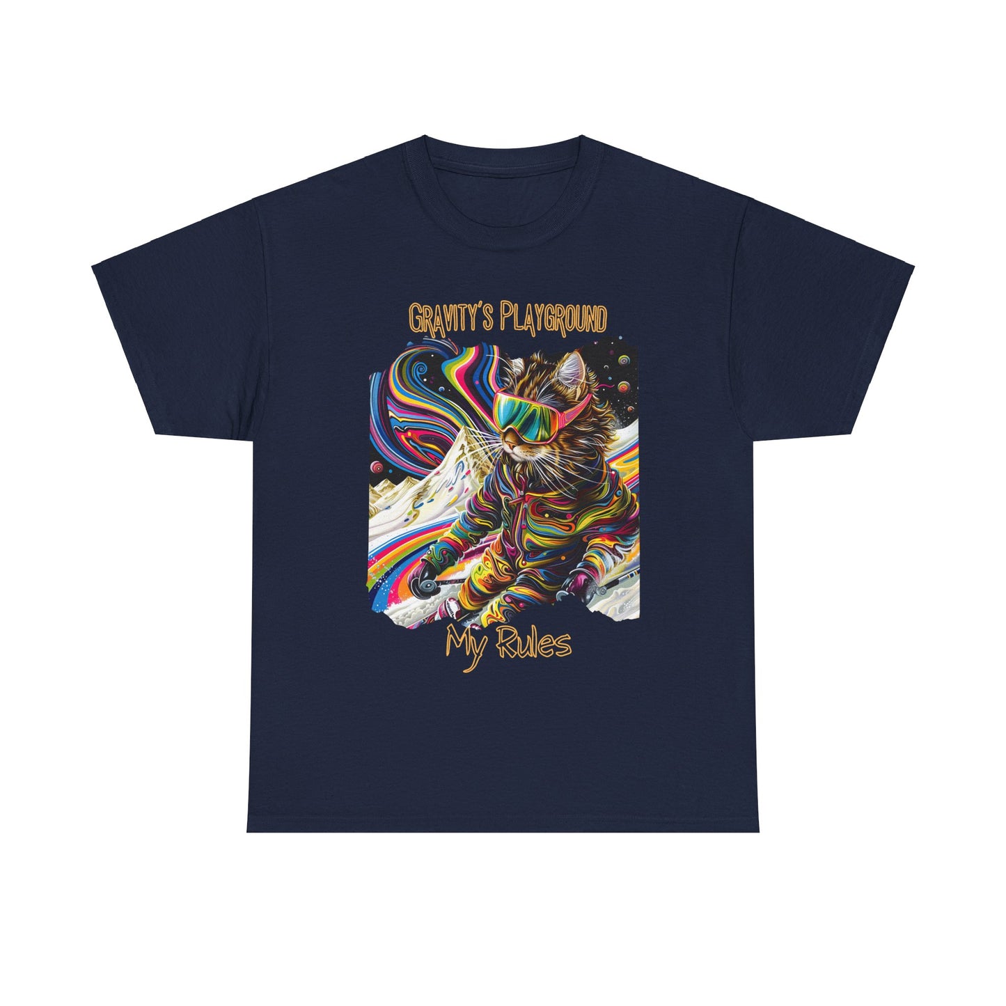 Gravity's Playground, MY Rules - Ski, Snow, Snowboard Winter Sports Cat (V2) Cat Art Gift -Cool Cats Graphic Tee Unisex Heavy Cotton Tee T-Shirt