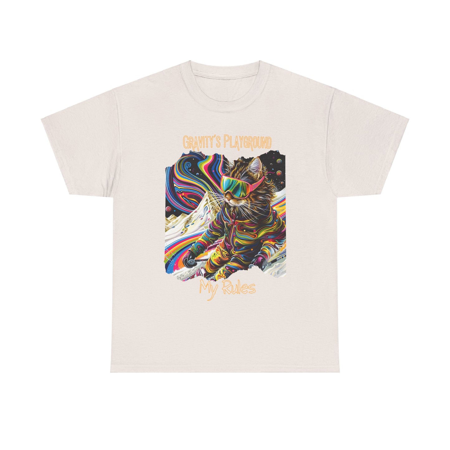 Gravity's Playground, MY Rules - Ski, Snow, Snowboard Winter Sports Cat (V2) Cat Art Gift -Cool Cats Graphic Tee Unisex Heavy Cotton Tee T-Shirt