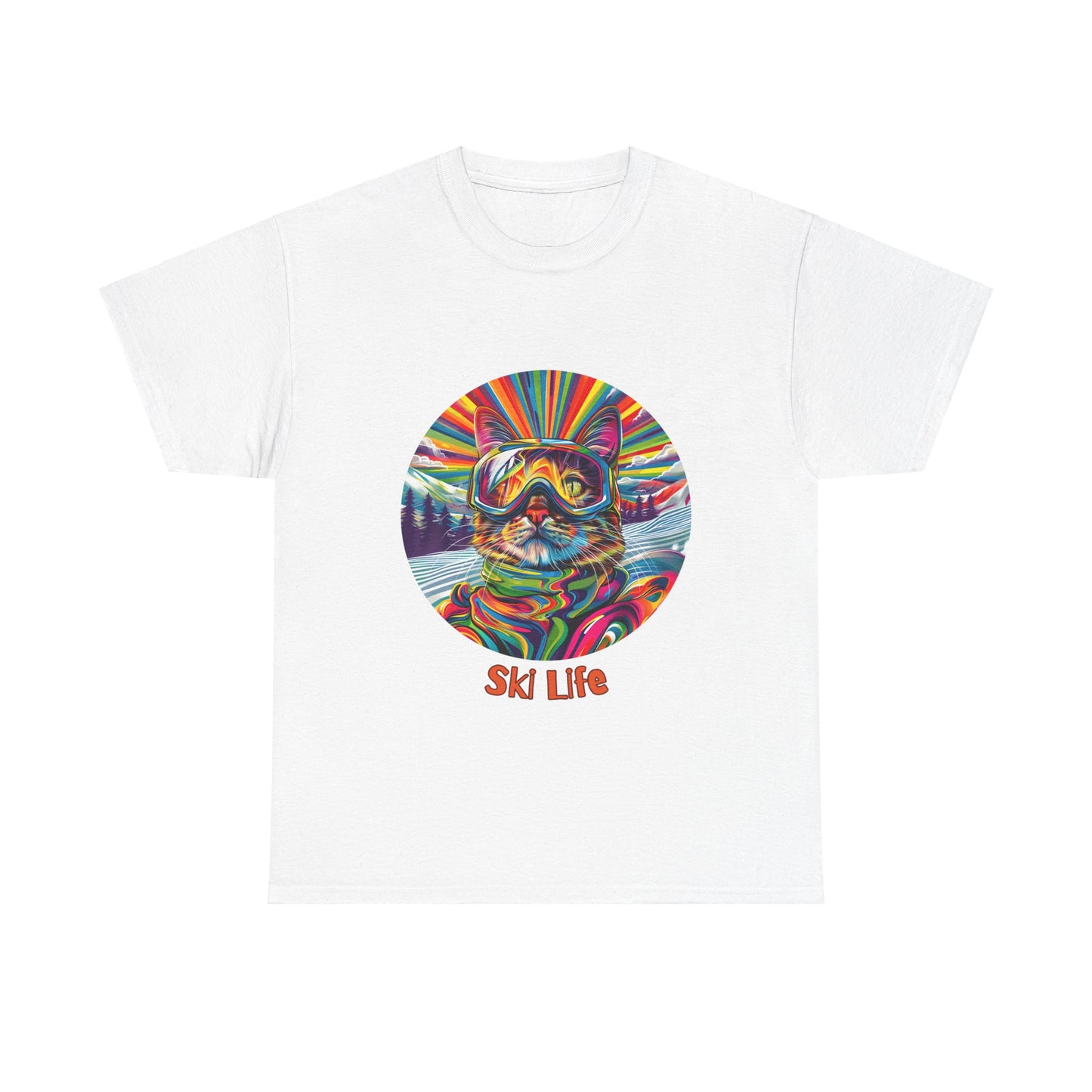 Ski Cat - "Ski Life" Snow, Snowboard Winter Sports Cat (V6) Cat Art Gift - Cool Cats Unisex Heavy Cotton Tee T-Shirt