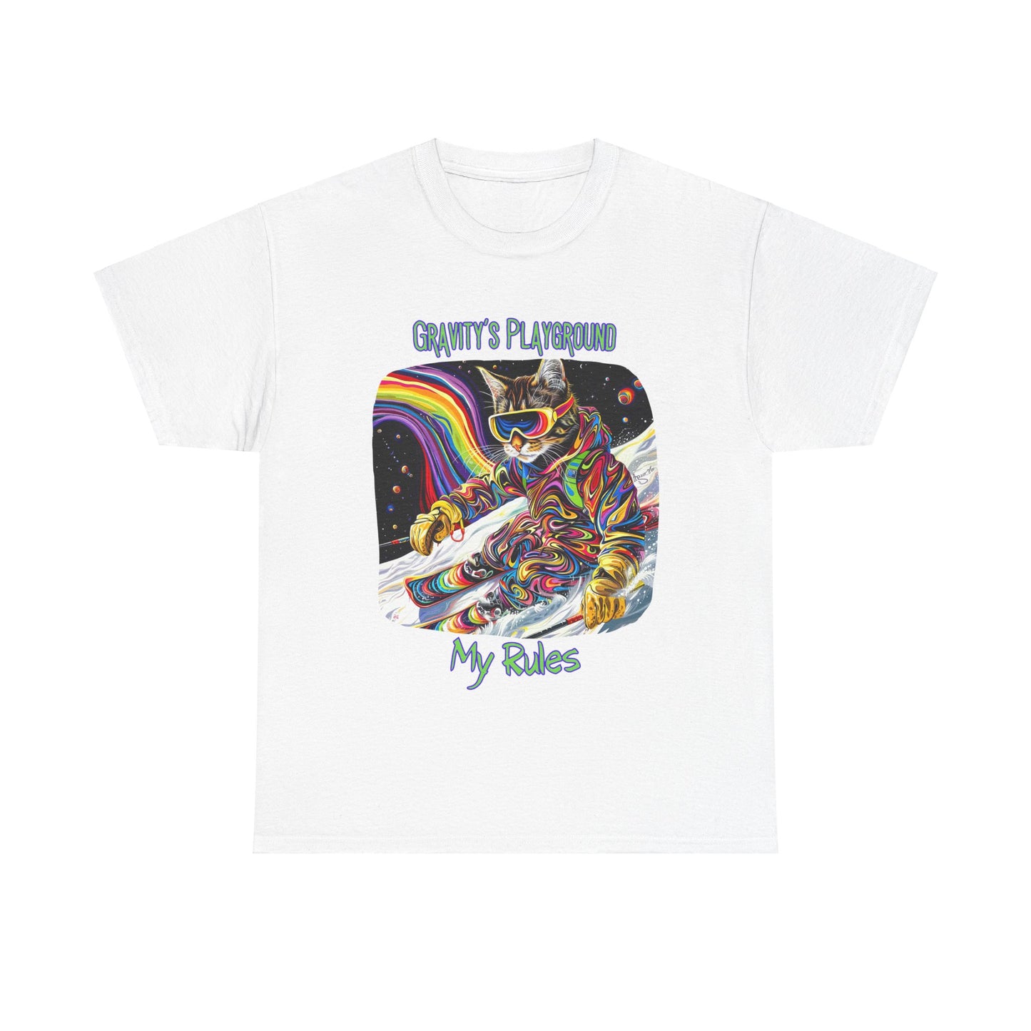 Gravity's Playground, My Rules - Ski, Snow, Snowboard Winter Sports Cat - Cat Graphic Tee Art Gift - Cool Cats Unisex Heavy Cotton Tee T-Shirt