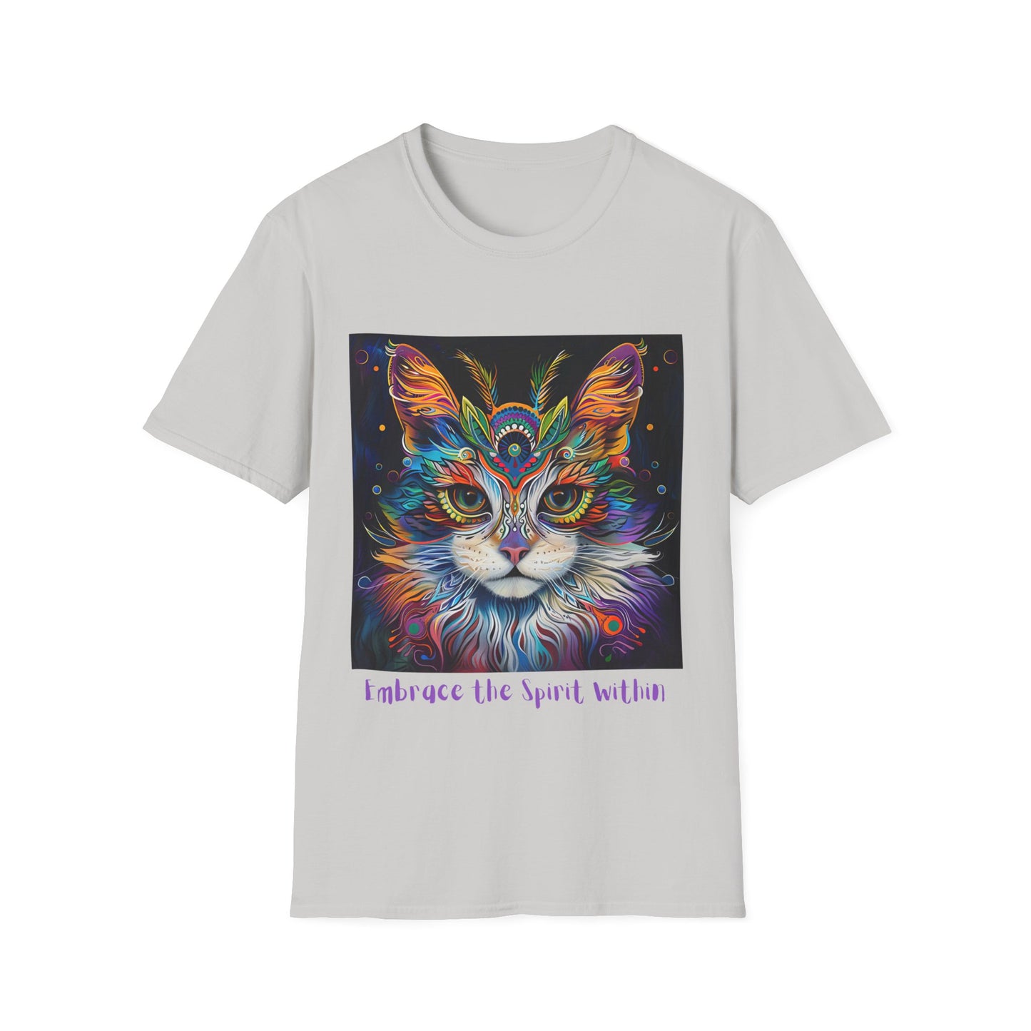 "Embrace the Spirit Within" Cat Shaman Graphic Cat Tee, Cat Lover's Graphic Tee Graphic Unisex T- Shirt, T-Shirt Cat Lovers Gift Softstyle T-Shirt Tee Teeshirt Stylized Cat