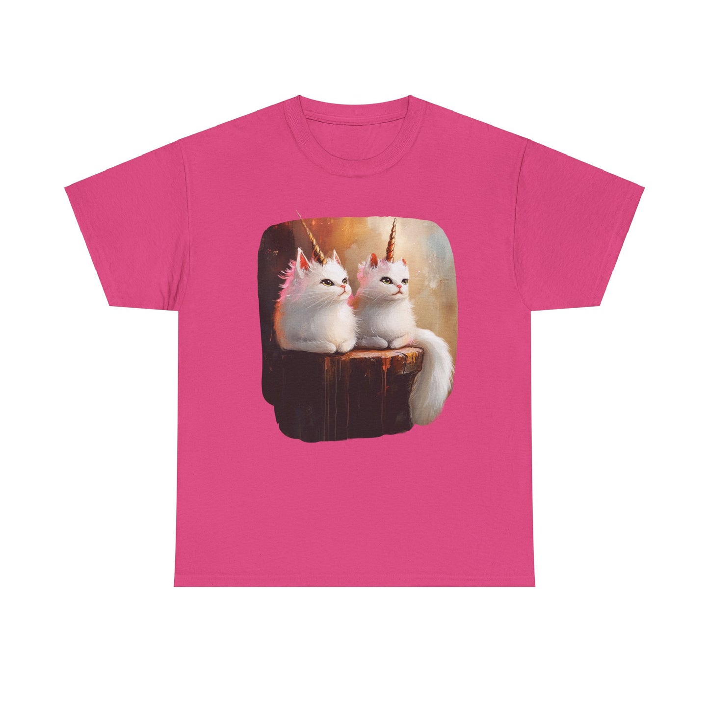 Fluffy White Kawaii Unicorn Cat Graphic Tee - Cat Unicorn Mythical Creature Gift Unisex Adult Size Heavy Cotton Tee T-Shirt