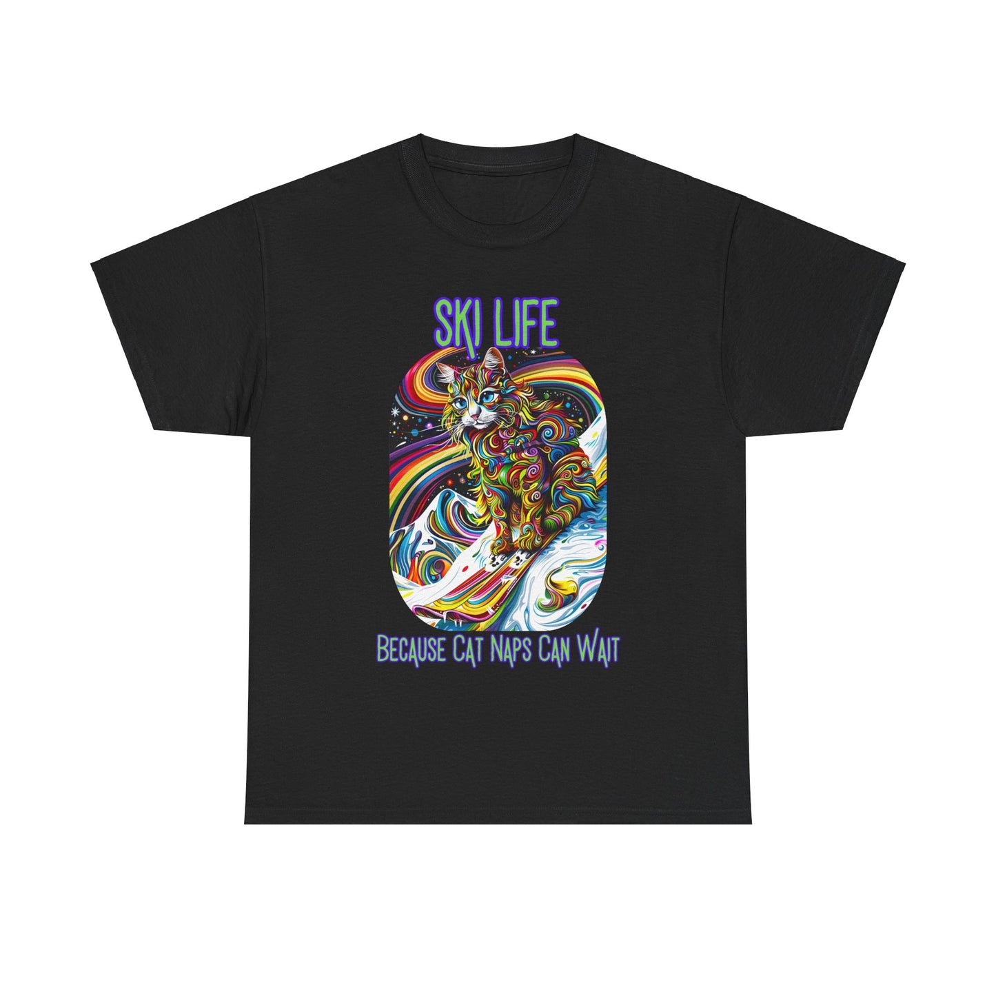 Ski Life- Because Cat Naps Can Wait - "Ski,, snow, Snowboard Winter Sports Cat (V2) Cat Art Gift -Cool Cats Graphic Tee Unisex Heavy Cotton Tee T-Shirt