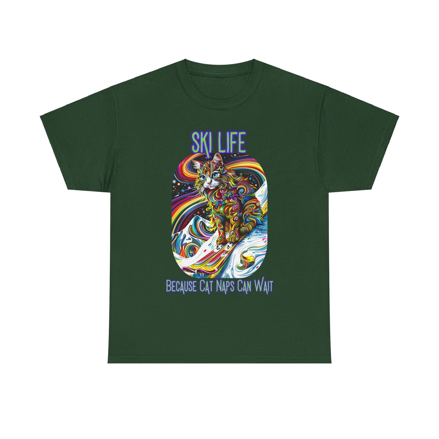 Ski Life- Because Cat Naps Can Wait - "Ski,, snow, Snowboard Winter Sports Cat (V2) Cat Art Gift -Cool Cats Graphic Tee Unisex Heavy Cotton Tee T-Shirt
