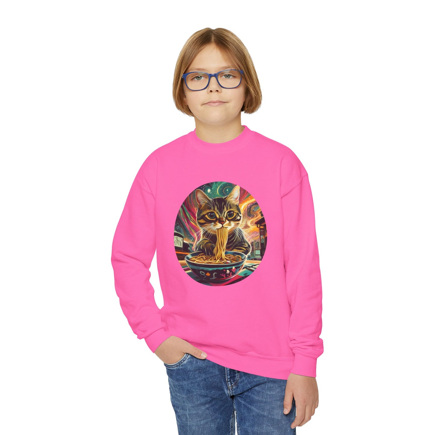 Slurping Noodle Ramen Bowl Cats for Kids Sweatshirt - Slurping Noodle Kitty Cat Youth Crewneck Sweatshirt -Christmas Cat Gift