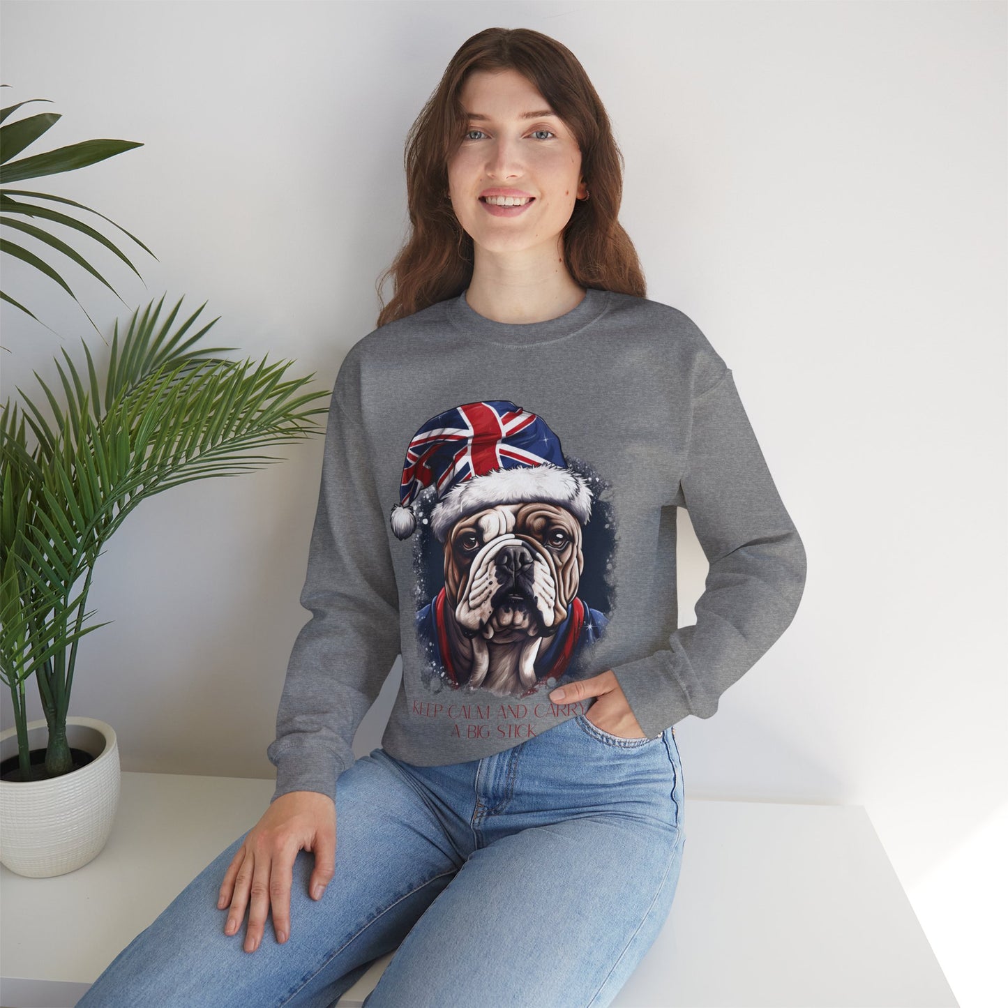 British English Bulldog - Keep Calm and Carry a Big Stick Union Jack Unisex Long Sleeve Jersey Cotton Shirt Mens Women Sweatshirt Sweat Shirt