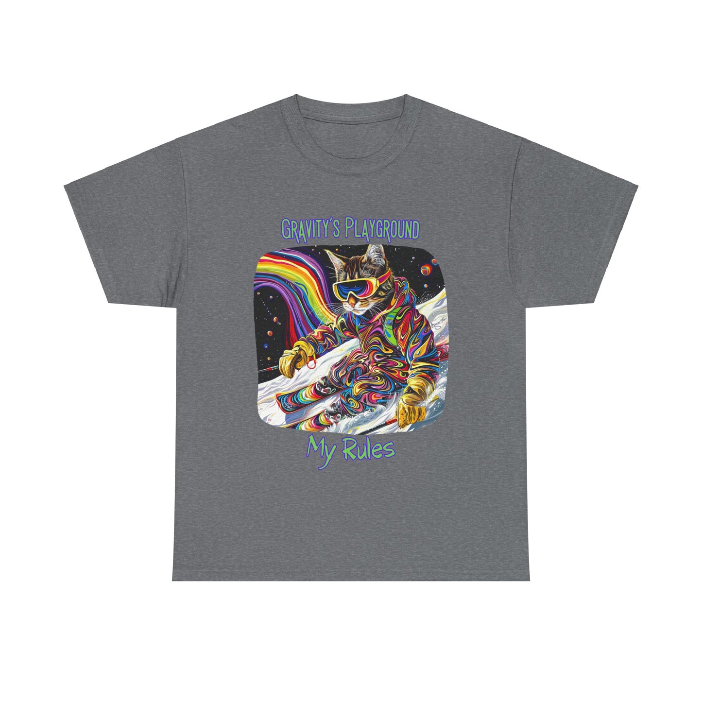Gravity's Playground, My Rules - Ski, Snow, Snowboard Winter Sports Cat - Cat Graphic Tee Art Gift - Cool Cats Unisex Heavy Cotton Tee T-Shirt