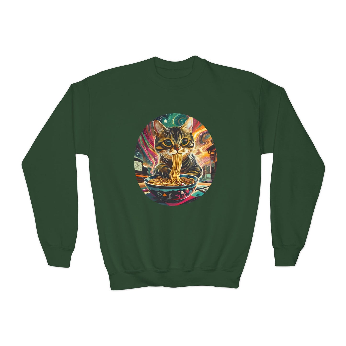 Slurping Noodle Ramen Bowl Cats for Kids Sweatshirt - Slurping Noodle Kitty Cat Youth Crewneck Sweatshirt -Christmas Cat Gift