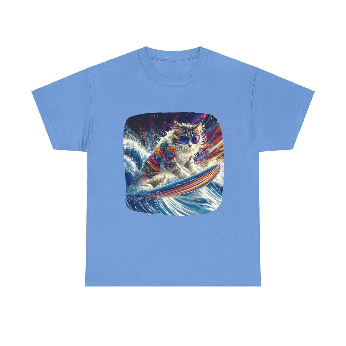 Rip Girl Surfing Surfer Cat, Cat on Surfboard Graphic Tee- Water Sports Cat (V1) Cat Art Gift - Cool Cats Unisex Heavy Cotton Tee T-Shirt