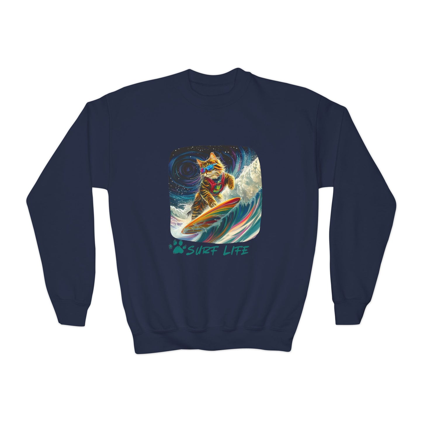 Surf Life Surfer Cat for Kids Sweatshirt - Kitty Cat Shredding the Weves-Youth Crewneck Sweatshirt -Christmas Cat Gift