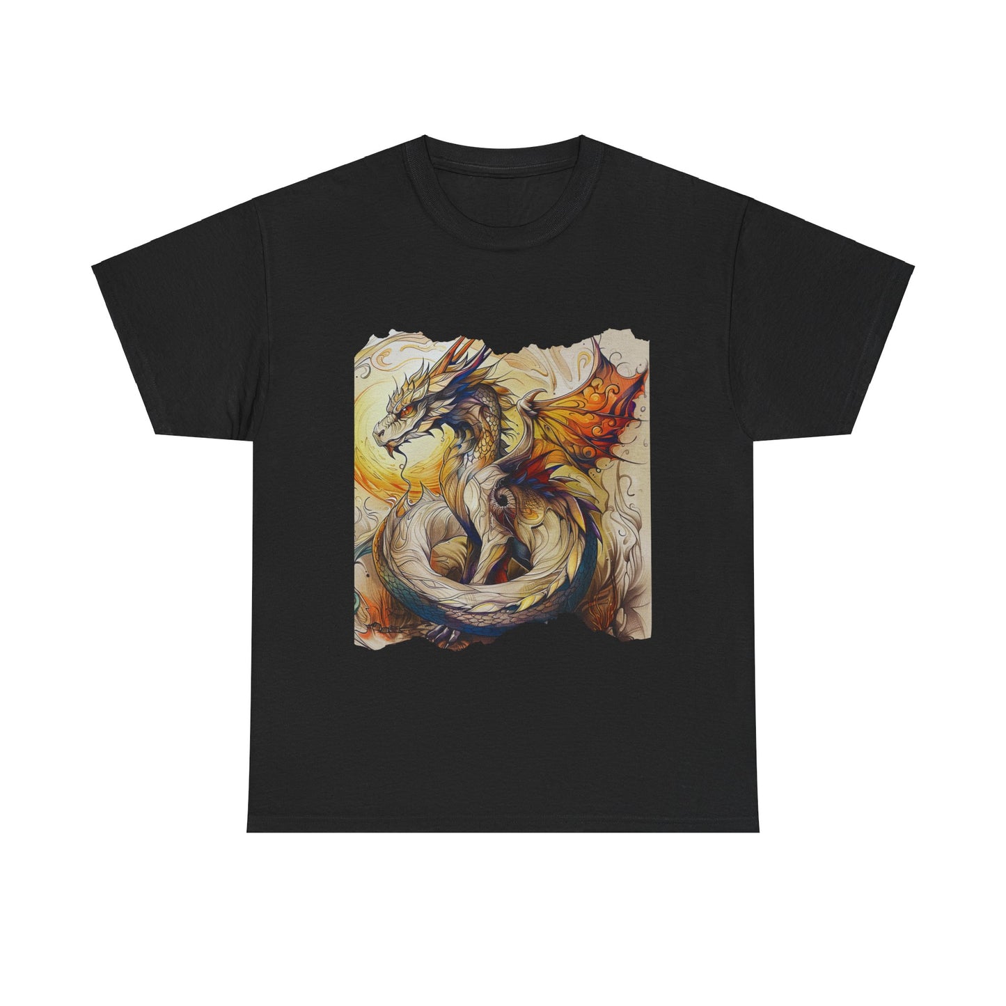 Dragons Yellow Sun Graphic Tee - Dragons and Ancestors - Dragon Lovers Unisex Heavy Cotton Tee T-Shirt