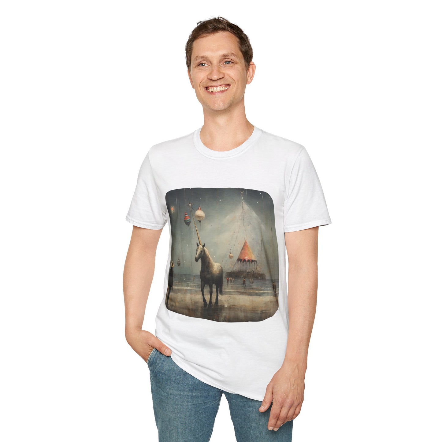 Unicorn with Holiday Ornament, Unicorn Christmas Gift Unisex Tee Shirt, T-Shirt Softstyle T-Shirt