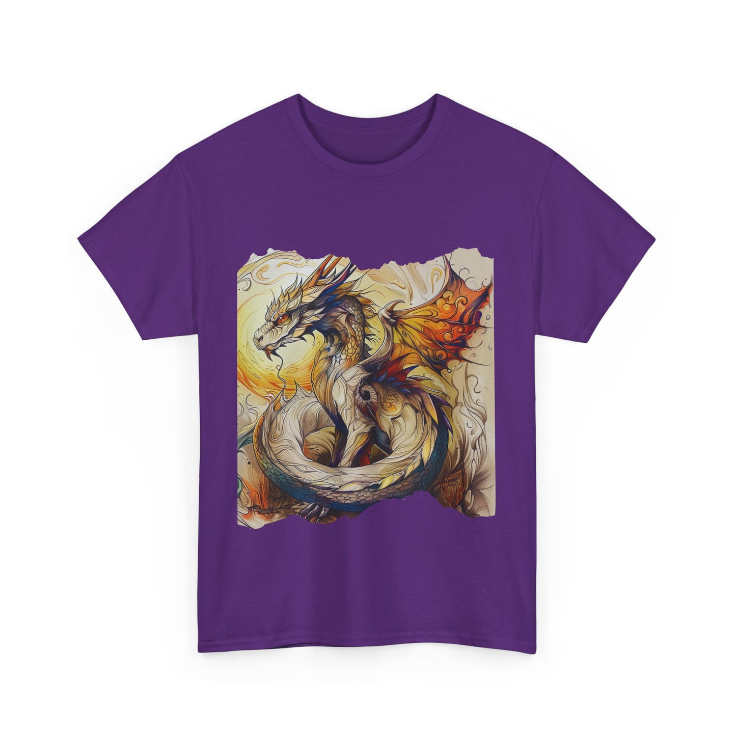 Dragons Yellow Sun Graphic Tee - Dragons and Ancestors - Dragon Lovers Unisex Heavy Cotton Tee T-Shirt