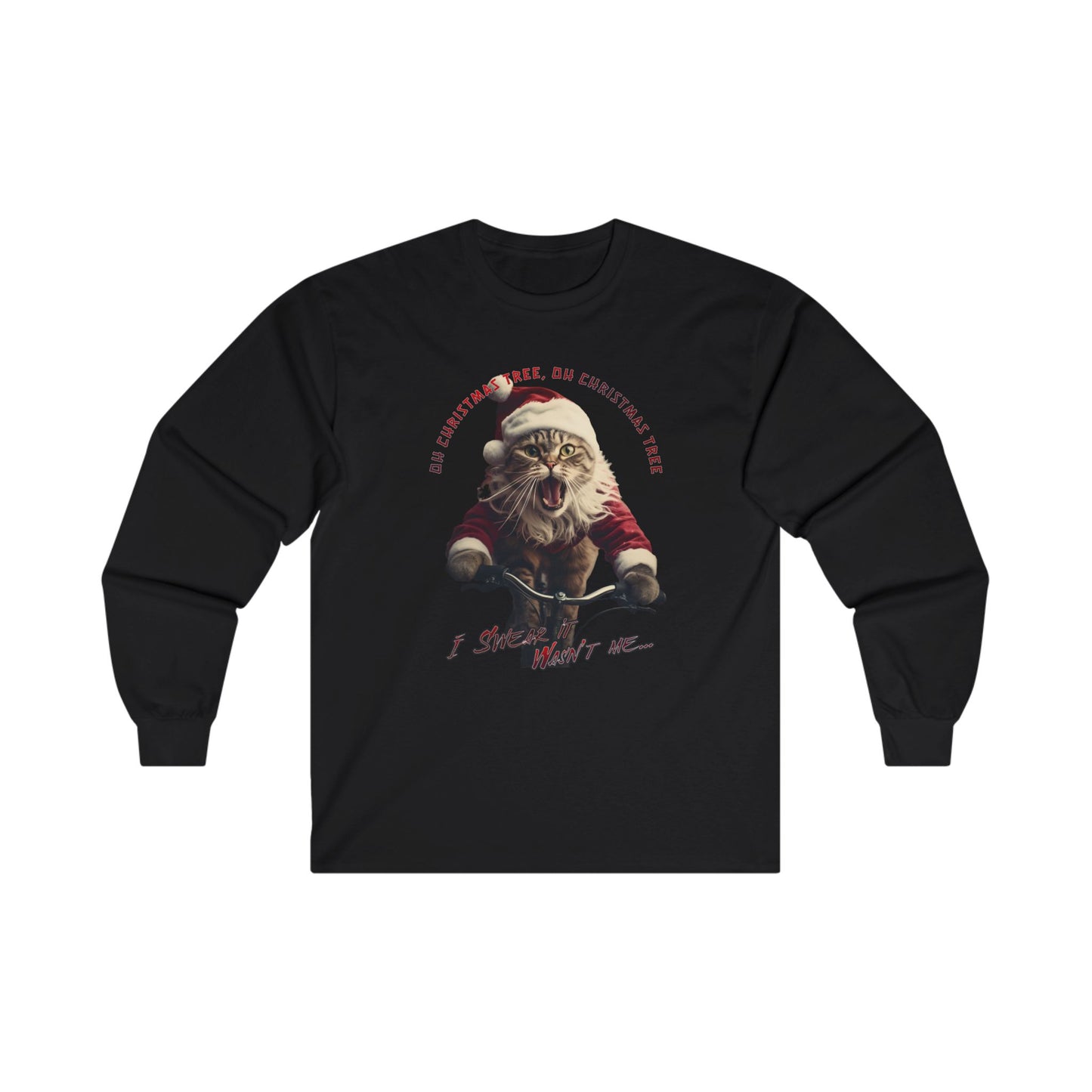 "Oh Christmas Tree Oh Christmas Tree" Christmas Cat, Cats on Bikes, Christmas Caroling Cats - Unisex Long Sleeve Jersey Cotton Shirt Mens Women's Cat Gift Oh Christmas Tree