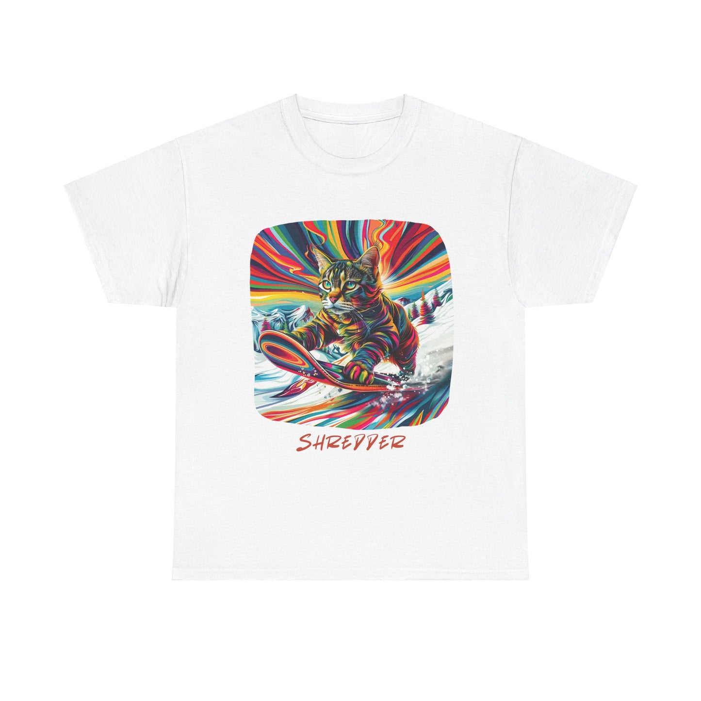 Shredder Snowboard Cat Graphic Tee - Extreme Winter Sports Ski Cat Art Gift - Cool Cats Unisex Heavy Cotton Tee T-Shirt