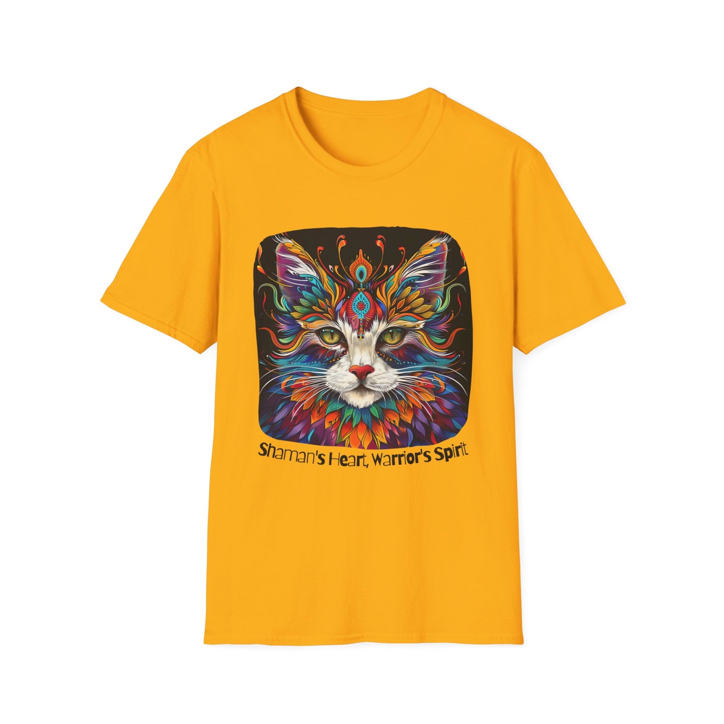 Shaman's Heart, Warrior's Spirit Graphic Cat Tee, Cat Lover's Graphic Tee Graphic Unisex T- Shirt, T-Shirt Cat Lovers Gift Softstyle T-Shirt Tee Teeshirt Stylized Cat